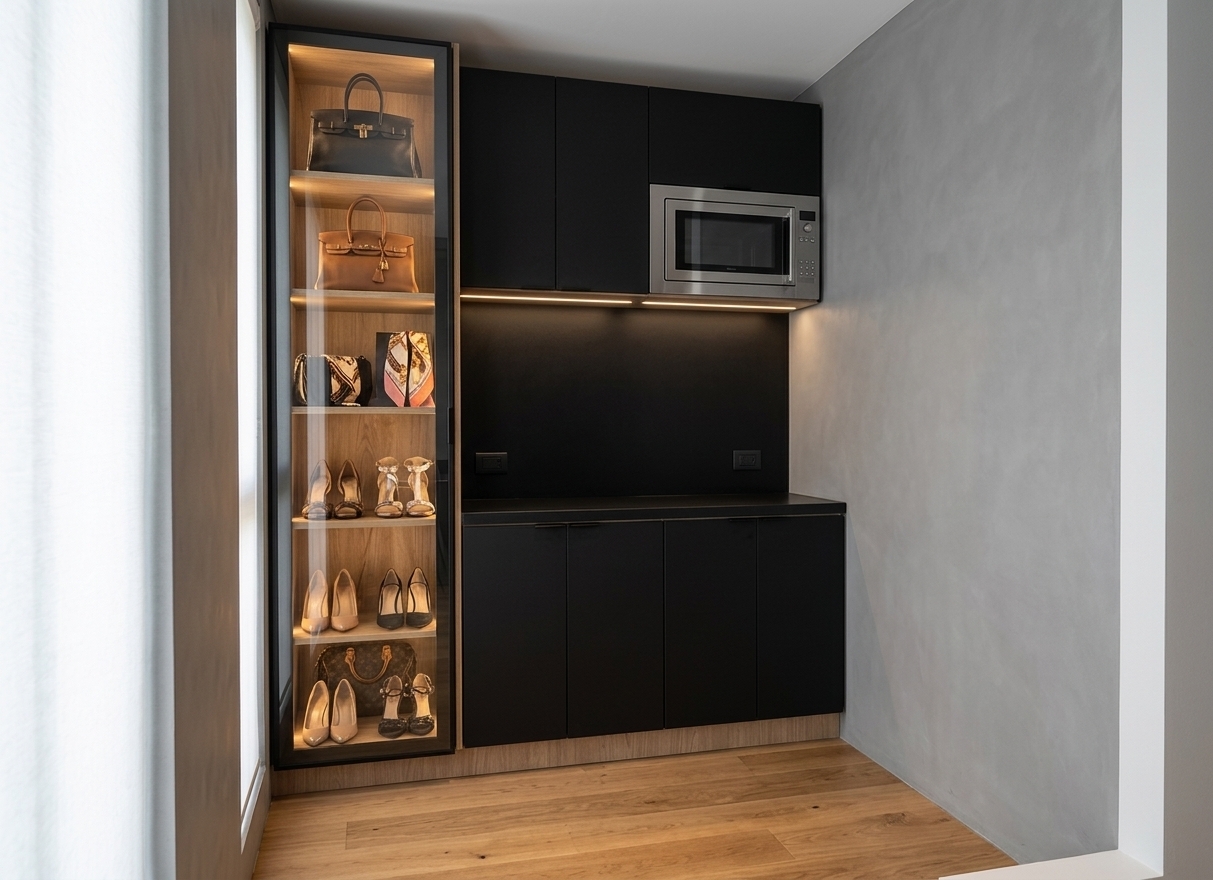 A high-end architectural photograph of the modern built-in cabinetry nook, maintaining the exact perspective, composition, and structure. The tall glass-front cabinet on the left features warm interior LED strip lighting softly illuminating designer handbags and purses arranged on the natural oak shelves behind realistic glass reflections. The surrounding cabinetry displays ultra-matte black finishes with subtle micro-textures, alongside a stainless steel built-in microwave and a smooth black countertop. Soft ambient room lighting casts gentle contact shadows across the neutral walls and floor, captured with a sharp 35mm interior lens, neutral color temperature, and clean photographic realism.