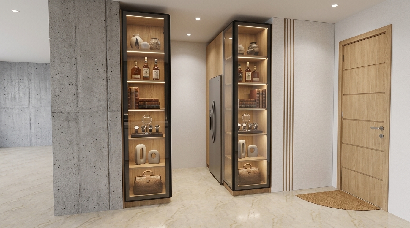 A photorealistic interior photograph maintaining the exact composition and geometry, featuring luxury handbags neatly arranged across the light oak shelves within the glass-front display cabinets. Soft, integrated warm LED illumination inside the black-framed glass showcases accentuates the leather textures and provides gentle transparent reflections. The surrounding matte white walls, wooden room door, and polished neutral flooring are rendered with natural surface micro-textures and balanced ambient indoor lighting, captured sharply with an architectural wide lens and realistic, soft shadow gradients.