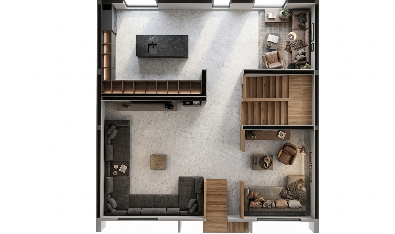 An incredibly lifelike, richly detailed, photorealistic top-down architectural floorplan photograph of a converted luxury attic layout set in a modern fusion residence. The scene is illuminated by soft, natural daylight filtered through unseen skylights and warm ambient accent lights, creating an airy, refined, and inviting atmosphere. Captured with a high-resolution overhead camera using an ultra-crisp, distortion-free wide-angle lens, emphasizing the fine veining of the polished light-grey marble flooring, the smooth matte-charcoal millwork of the gourmet kitchen, and the tactile contrast of the woven textiles. The layout effortlessly balances distinct zones: a sleek kitchen anchored by a monolithic stone island, an intimate reading corner, a grand sunken entertainment lounge featuring an expansive charcoal U-shaped sectional, and a secondary contemporary sitting area paired with warm natural wood stair treads that highlight the home's seamless flow and modern sophistication.