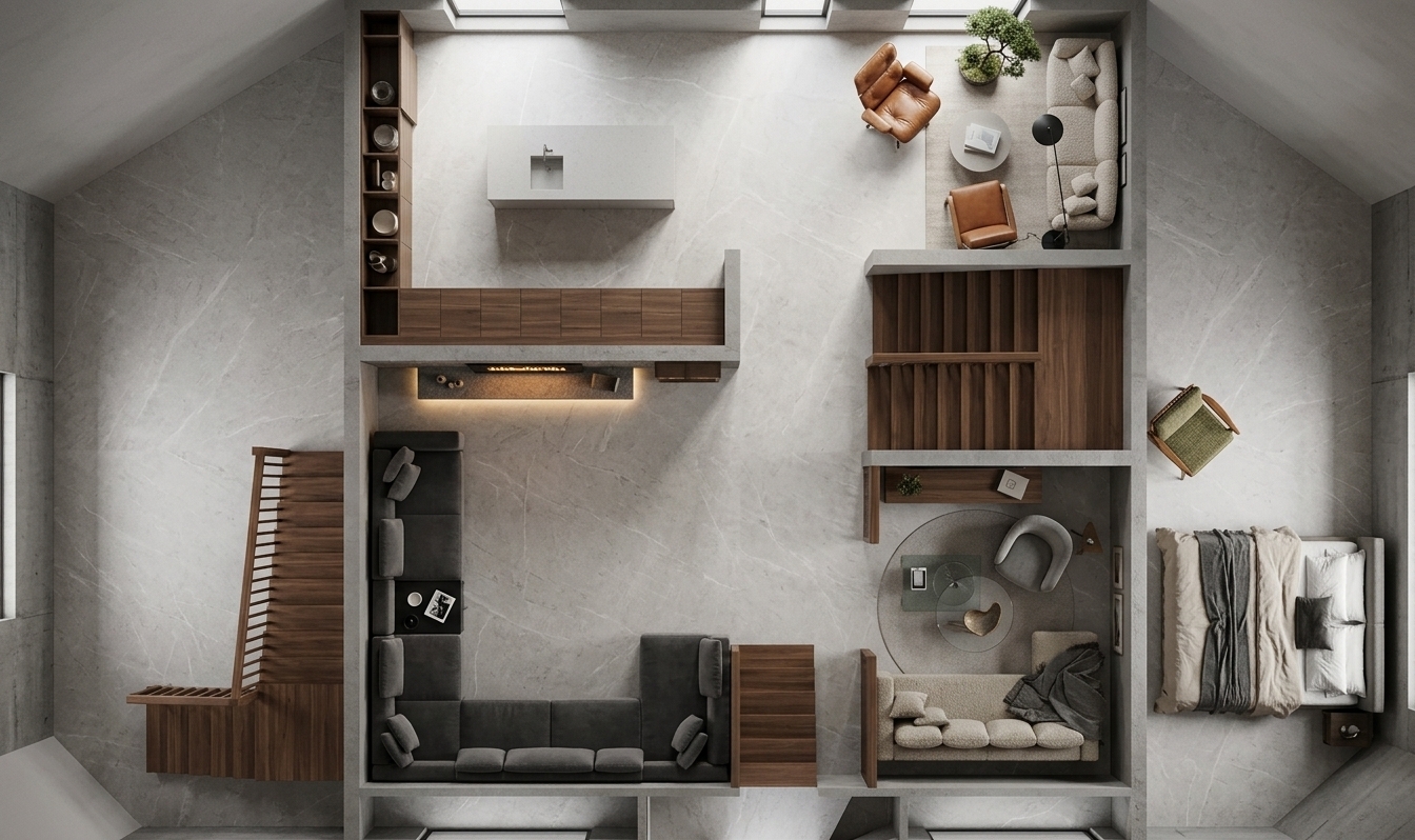 An incredibly lifelike, richly detailed, photorealistic top-down architectural photograph of a luxurious open-concept minimalist attic haven set in a modern loft environment. The scene is illuminated by gentle, diffused natural daylight balanced with subtle warm ambient under-cabinet glow, creating a serene, zen-inspired atmosphere. Captured with a high-end medium-format camera and a sharp architectural wide-angle lens, emphasizing the fine veining of the seamless polished light-gray stone floors, the plush matte woven fabric of the large charcoal U-shaped sectional, and the sleek wooden staircases. Thoughtfully curated elements—including an open gourmet kitchen with a monolithic quartz island, contemporary armchairs, understated abstract accents, and a glossy photography book resting on a minimalist coffee table—exemplify a streamlined, impeccably organized interior designed for sophisticated, peaceful living.
