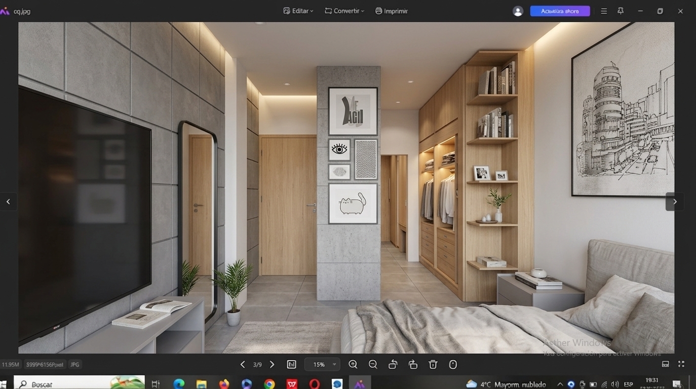 An incredibly lifelike, richly detailed, photorealistic eye-level interior shot of a modern Scandinavian-inspired master bedroom and open dressing suite set in a serene urban residence. The scene is illuminated by soft, diffused daylight harmonized with warm, concealed LED cove and wardrobe backlighting, creating a tranquil, clean, and airy atmosphere. Captured with a 24mm architectural wide-angle lens, emphasizing the tactile matte textures of large-format gray wall panels, natural light-oak finishes, and plush, hygge-inspired textiles on the unmade bed in the foreground. At the center, a textured concrete partition showcases a curated gallery wall of minimalist prints, cleanly defining the transition into a spacious walk-in wardrobe with bespoke wood-veneer cabinetry. To the right, sleek white open shelving holds photography books and delicate decorative objects, while a slender potted plant, large minimalist mirror, and subtle soft-green undertones bring refreshing organic calm to the polished, contemporary space.