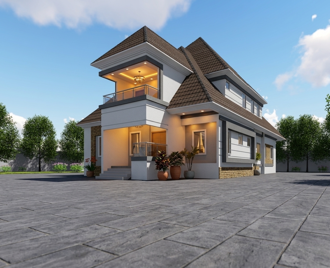 Architectural photograph of the modern villa captured with a professional wide-angle lens, precisely preserving the existing building geometry, perspective, and composition. The exterior is illuminated by bright, clear afternoon sunlight that casts realistic, hard-edged shadows across the dark grey concrete paved courtyard, complemented by warm interior and chandelier illumination glowing softly from the covered ground and upper-floor sitout areas. Surfaces display authentic physical textures, including micro-textured white stucco, dark brown ceramic roof tiles, detailed stone accent cladding, and clear double-glazed windows reflecting the sky and surrounding lush trees. The final image exhibits true-to-life exposure, balanced dynamic range, natural material reflectivity, and the crisp clarity of high-end architectural photography.