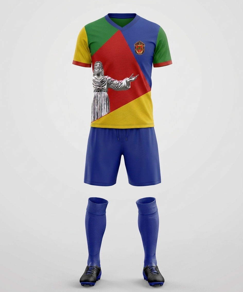 Studio product photograph of the identical floating soccer uniform display, strictly preserving the exact geometry, alignment, and composition. Enhance the scene with authentic material micro-textures, featuring breathable moisture-wicking polyester mesh on the jersey, fine seam stitching, crisp sublimated graphics and chest crest details, distinct rib-knit textures on the socks, and matte synthetic leather on the cleats. Lit with soft, diffuse studio lighting over a neutral studio ground, highlighting natural fabric sheen, subtle shadows, and crisp photographic detail throughout.