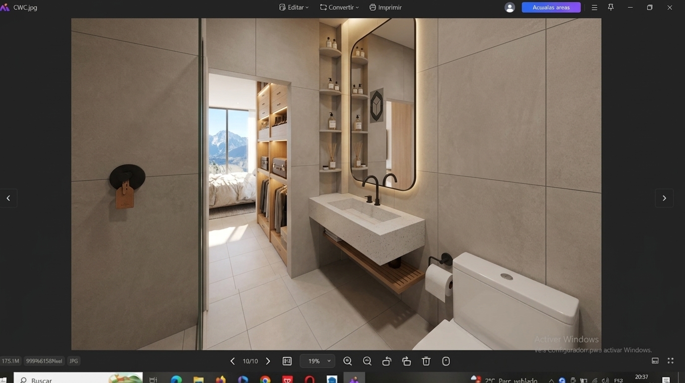 An incredibly lifelike, richly detailed, photorealistic wide-angle interior photograph of a minimalist Scandinavian sanctuary bathroom suite set in a serene contemporary penthouse. The scene is illuminated by soft, natural daylight streaming in from expansive bedroom windows alongside warm, concealed ambient backlighting, creating a tranquil, clean, and airy atmosphere. Captured with a full-frame architectural camera and a 24mm tilt-shift lens, emphasizing the tactile micro-terrazzo textures of the floating vanity basin, smooth matte-black designer fixtures, and oversized, warm-gray porcelain wall panels. An open doorway seamlessly connects the space to a bespoke walk-in closet lined with warm LED-illuminated cabinetry and plush textiles, ultimately drawing the eye toward a bright master bedroom that frames a majestic, sunlit mountain vista beyond. Subtle natural touches—such as delicate glass corner shelving styled with apothecary diffuser bottles, warm wood accents beneath the sink, and pristine geometric alignment—imbue the entire space with an effortless sense of hygge and refined modern luxury.