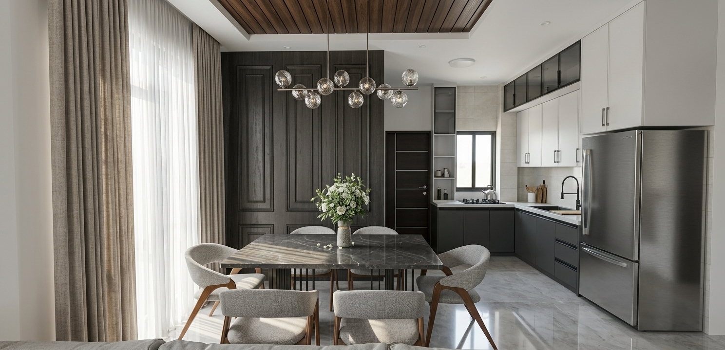 Architectural interior photograph of the modern open-plan dining and kitchen area, preserving the exact layout, geometry, and camera perspective. Soft daylight diffuses through the full-height sheer curtains on the left, balanced by the warm ambient glow of the linear glass-globe chandelier and the recessed wood-slat ceiling feature. The rectangular dining table showcases a honed dark gray marble top surrounded by textured light-gray fabric chairs with smooth wooden legs and a floral vase centerpiece. In the background, the kitchen features crisp matte white lower cabinets, dark-trimmed upper cabinets, a brushed stainless steel refrigerator, and matte black fixtures. The floor consists of large-format light gray marble tiles with soft specular reflections and delicate veining, captured with a wide-angle architectural lens, balanced exposure, and subtle natural shadows.