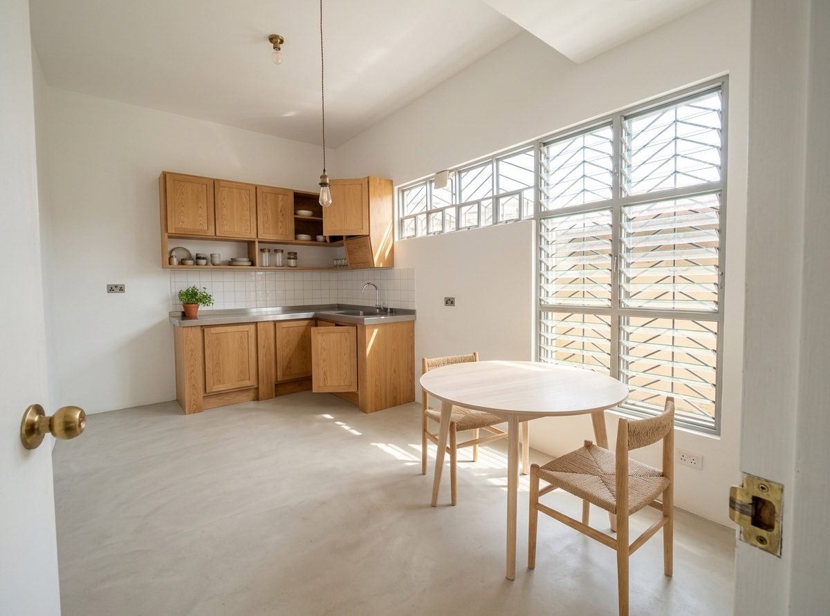 An incredibly lifelike, richly detailed, photorealistic wide-angle interior shot of a thoughtfully renovated Scandinavian sanctuary kitchen set in a sun-drenched modern home. The scene is illuminated by bright, radiant midday summer sunlight pouring through large, modernized clean-lined windows, creating an airy, peaceful, and rejuvenating atmosphere. Captured with a full-frame camera and a 24mm architectural lens, emphasizing the crisp brushed finish of professional stainless steel worktops, the warm organic grain of blonde oak cabinetry, and the smooth expanse of light micro-cement flooring. 

The previous worn corner is transformed into a highly functional L-shaped prep zone, featuring sleek, handleless light wood lower cabinetry topped with durable, seamless stainless steel prep countertops, an integrated undermount sink, and a modern induction cooktop. Above, clean matte-white walls are accented with slim floating oak shelves displaying artisanal ceramic tableware, clear glass canisters, and small potted herbs that catch the midday light. In the open foreground, a minimalist round dining table crafted from pale ash wood is paired with two woven-rope Scandinavian chairs, completing a perfectly balanced, practical, and serene culinary haven.