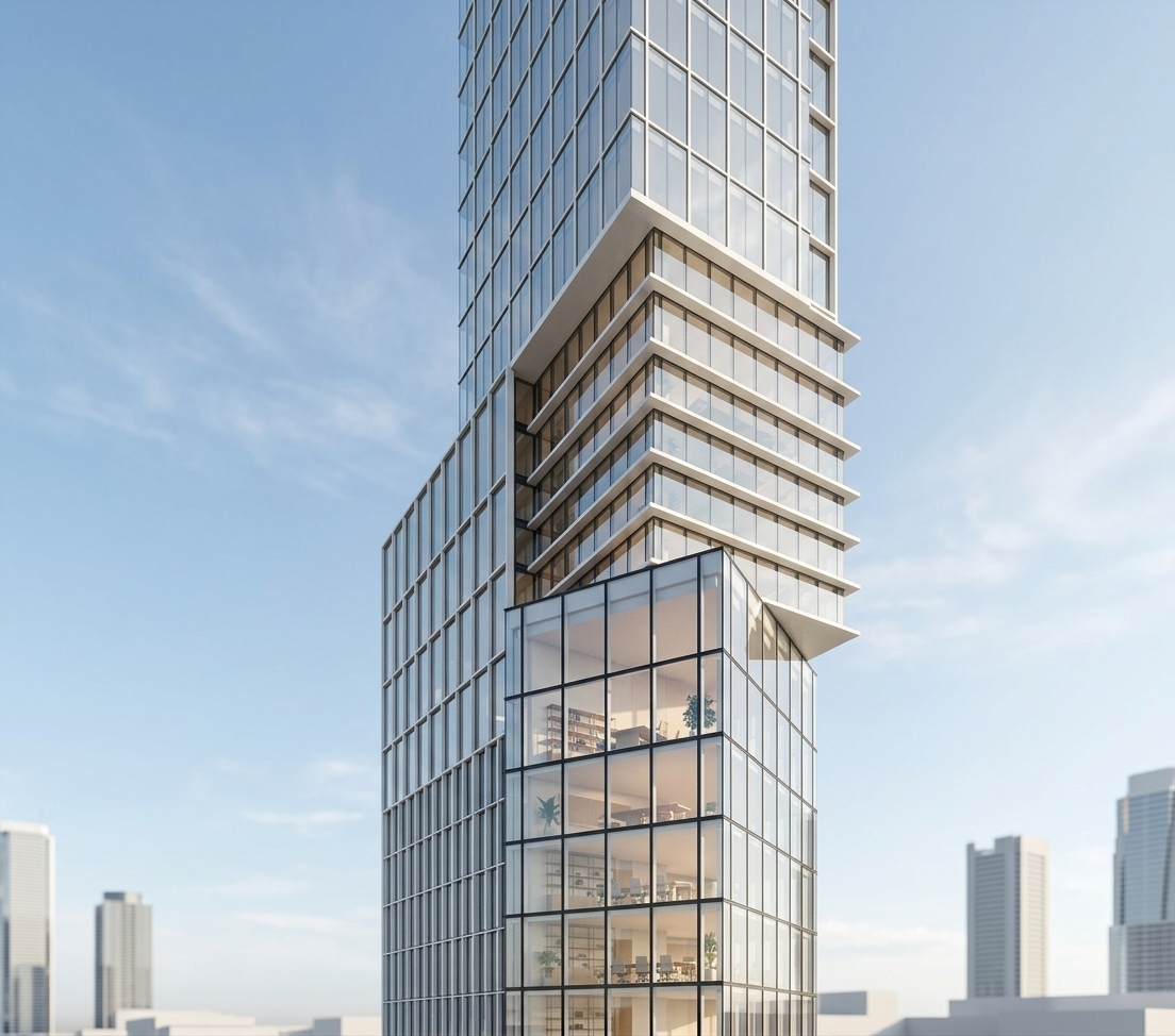 An incredibly lifelike, richly detailed, photorealistic architectural photo of a modern high-rise coworking space set in a pristine metropolitan skyline. The scene is illuminated by bright, clear daytime sunlight casting subtle, elegant linear shadows across the stepped facades, creating a calm, inspiring minimalist haven atmosphere. Captured with a professional 24mm tilt-shift architectural lens, emphasizing the crisp vertical mullions, low-iron curtain wall glass, and sleek matte-white cantilevered sunshades wrapping the dynamic, shifted volumes. Through the vast, reflective glazing, soft interior ambient lighting hints at airy communal work hubs, blonde timber accents, and open-concept lounges, perfectly balancing monumental geometric form with tranquil, functional sophistication.