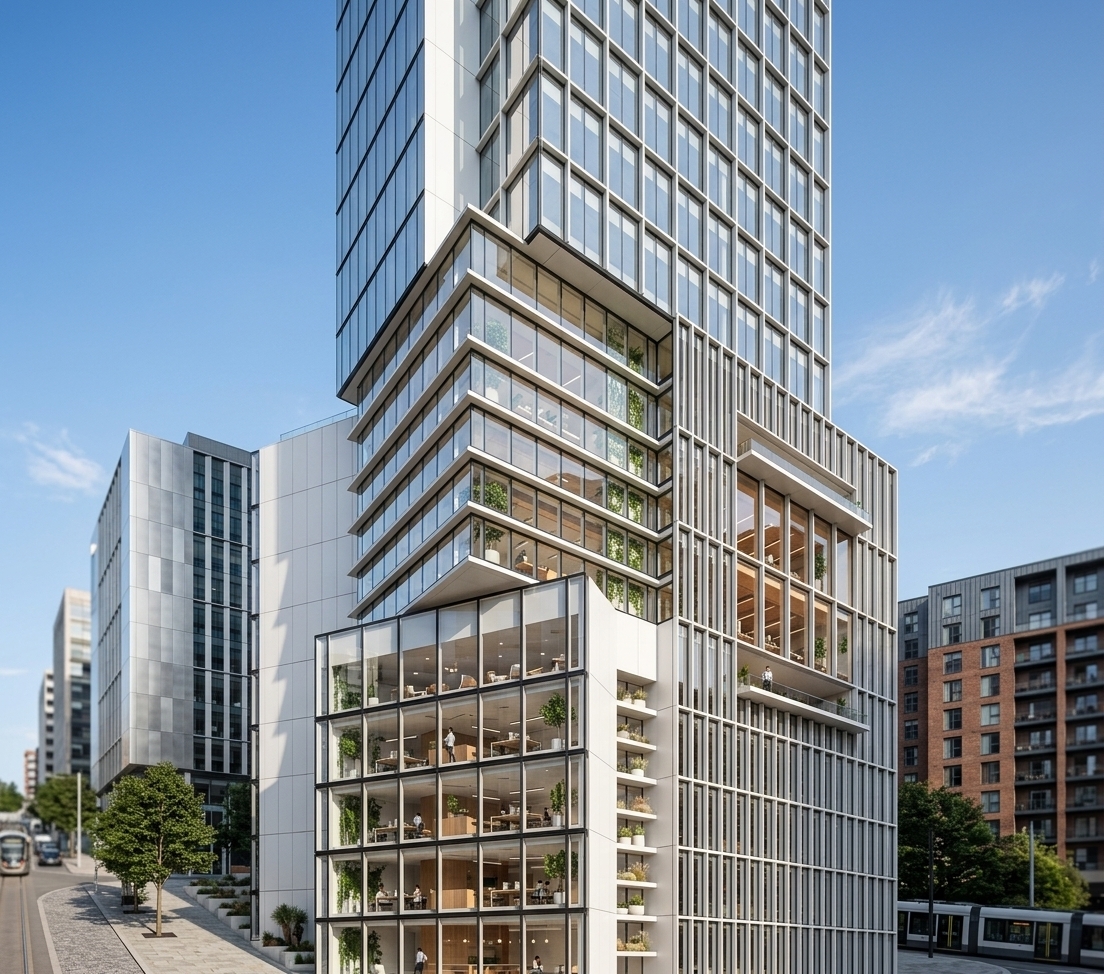 An incredibly lifelike, richly detailed, photorealistic low-angle architectural photo of a sleek, multi-tiered commercial skyscraper housing a modern coworking space set in a vibrant urban business district. The scene is illuminated by crisp, bright daytime sunlight that casts precise, soft-edged shadows across the facade, creating a tranquil, sophisticated, and productivity-focused minimalist atmosphere. Captured with a professional tilt-shift architectural lens on a full-frame camera, emphasizing the pristine white composite panel cladding, ultra-clear low-iron curtain wall glass, and elegant vertical louvers. The dynamic composition showcases interlocking geometric volumes with cantilevered corner terraces that act as open-air communal breakout areas. Through the expansive glass facades, bright and uncluttered open-concept workspaces, warm timber accents, and lush indoor greenery are subtly visible, presenting the tower as a serene, minimalist haven seamlessly blending cutting-edge corporate functionality with calm, architectural purity.