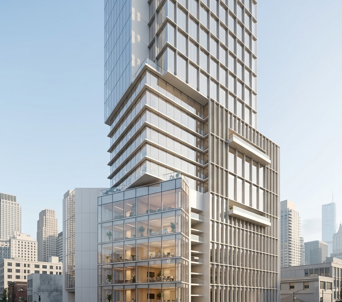 An incredibly lifelike, richly detailed, photorealistic architectural photo of a contemporary high-rise coworking space set in a pristine metropolitan skyline. The scene is illuminated by bright, clear daytime sunlight casting elegant, razor-sharp shadows across the articulated volumes, creating an uplifting, serene, and sophisticated minimalist atmosphere. Captured with a high-resolution tilt-shift lens, emphasizing the ultra-smooth matte-white facade panels, slender anodized aluminum louvers, and expansive low-iron glass curtain walls that offer subtle glimpses into lush, light-filled collaborative interior workspaces. The dynamic interplay of staggered cantilevered terraces and rhythmic vertical mullions creates a striking sense of verticality and refined design harmony.