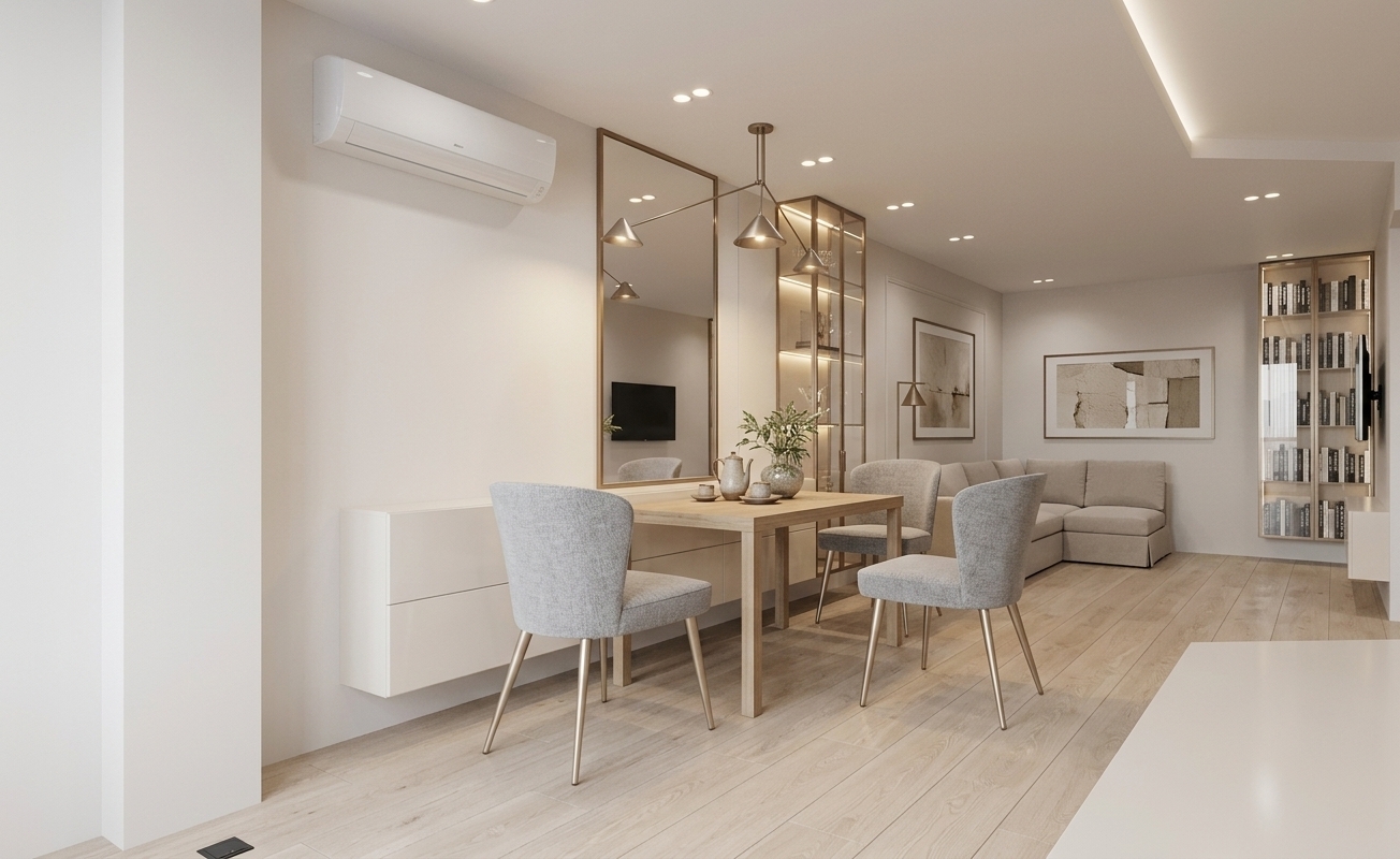 An incredibly lifelike, richly detailed, photorealistic eye-level interior shot of an open-concept dining room and lounge set in a refined contemporary urban residence. The scene is illuminated by soft, diffuse daylight balanced with the gentle ambient glow from recessed ceiling fixtures and a chic three-pendant sculptural chandelier suspended above the table, creating an airy, sophisticated, and tranquil atmosphere. Captured with a professional 24mm architectural lens at f/8, emphasizing the tactile textures of tailored woven upholstery, smooth pearl-lacquered cabinetry, and the subtle natural grain of pale oak plank flooring. Centering the composition is an elegant dining table paired with four tailored dining chairs dressed in soft gray textured fabric with slender champagne-toned metal legs, adorned with an artisanal ceramic teapot, matching cups, and a delicate botanical vase. Behind the setting, a seamless floating sideboard in a warm white finish rests beneath a tall bronze-framed vertical mirror, positioned beside an exquisite glass display cabinet with integrated warm backlighting. The composition recedes into an inviting living corner featuring a tailored neutral-toned sectional sofa, sleek abstract wall art, and a floor-to-ceiling glass vitrine bookcase neatly filled with curated photography books, effortlessly marrying clean-lined minimalism with polished, understated luxury.