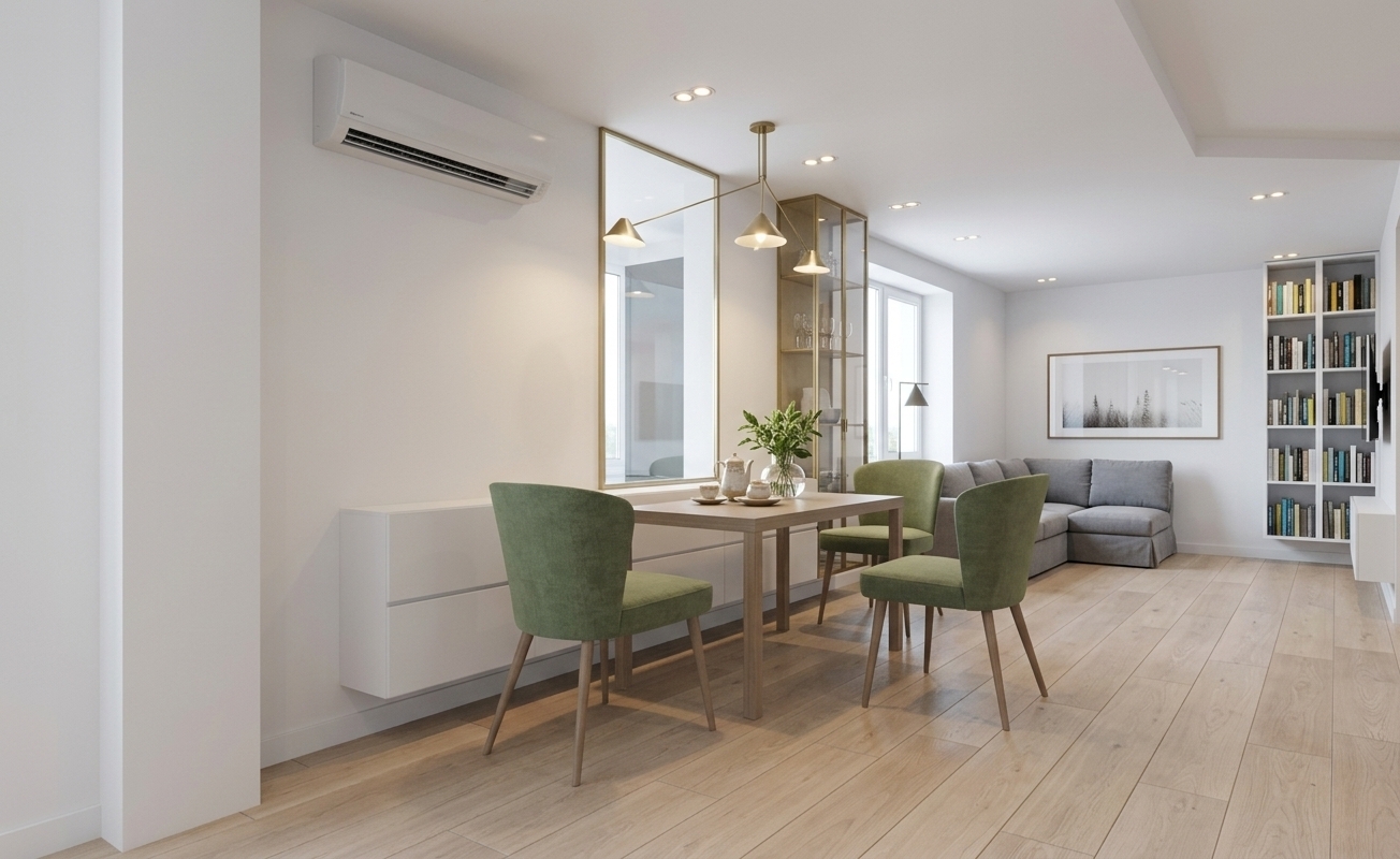 An incredibly lifelike, richly detailed, photorealistic wide-angle interior photograph of a tranquil Scandinavian sanctuary dining and living area set in a modern, light-filled apartment. The scene is illuminated by soft, natural daylight pouring through expansive glazing balanced by the warm, inviting downlight of a sleek minimalist multi-head pendant and subtle recessed ceiling fixtures, creating a serene, airy, and hygge-inspired atmosphere. Captured with a professional full-frame camera and a 24mm architectural tilt-shift lens, emphasizing the natural grain of pale oak plank flooring, tactile textured textiles, and pristine matte surfaces. In the dining area, a clean-lined wooden and metal dining table is surrounded by four stylish chairs upholstered in a muted moss-green fabric, topped with a delicate ceramic tea set and subtle botanical greenery. A seamless floating white credenza hugs the wall beneath a large reflective window, adjacent to a tall, brass-framed glass display vitrine that adds subtle depth. The open layout effortlessly extends into a comfortable lounge featuring a plush gray sectional sofa, minimalist nature-inspired framed wall art, and a sophisticated recessed floor-to-ceiling bookshelf lined with curated photography books, embodying the pinnacle of modern, organic Scandinavian minimalism.