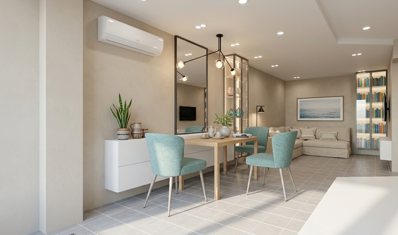 An incredibly lifelike, richly detailed, photorealistic eye-level interior shot of an open-concept coastal dining and living space set in a bright, modern seaside residence. The scene is illuminated by crisp, sun-kissed daylight pouring across the room paired with the warm, diffused ambient glow of a sleek multi-arm pendant fixture overhead, creating an airy, light, fresh, and relaxed beachside atmosphere. Captured with a professional 24mm wide-angle architectural lens, emphasizing the fine grain of light natural oak flooring, textured seafoam-blue upholstered dining chairs, and smooth matte white cabinetry accented with sandy neutral tones. At the center, an elegant, uncluttered dining table features a stylish ceramic tea set and a hardcover photography book, while the adjoining wall hosts a minimalist floating credenza beneath a clean vertical mirror. In the background, an inviting linen lounge sofa rests beneath framed seascape wall art, harmonizing with a tall, back-lit glass display cabinet filled with curated coastal decor and vibrant books, effortlessly blending modern minimalism with casual nautical warmth.