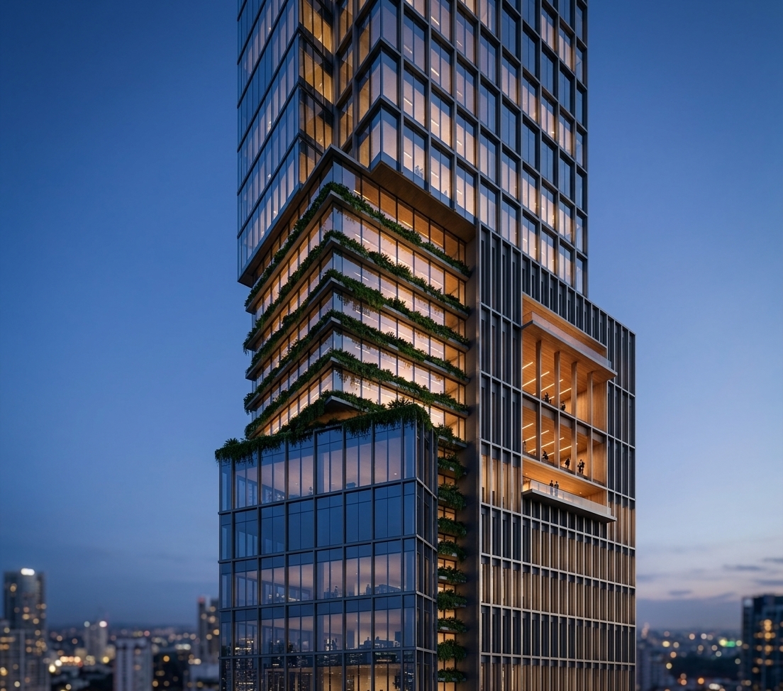 An incredibly lifelike, richly detailed, photorealistic low-angle architectural shot of a contemporary mixed-use skyscraper set in a serene metropolitan skyline. The scene is illuminated by the soft glow of a twilight evening and warm, radiant interior lighting emanating from vibrant coworking spaces, creating a sophisticated and tranquil night mood atmosphere. Captured with a professional tilt-shift architectural lens, emphasizing the crisp vertical metal louvers, floor-to-ceiling glass curtain walls with subtle evening reflections, and lush cascading foliage lining the cantilevered open-air terraces. The monumental recessed cut-out functions as a minimalist haven, revealing warm timber-clad interiors, double-height collaborative lounges, and ambient downlighting that stand out brilliantly against the dark blue sky.