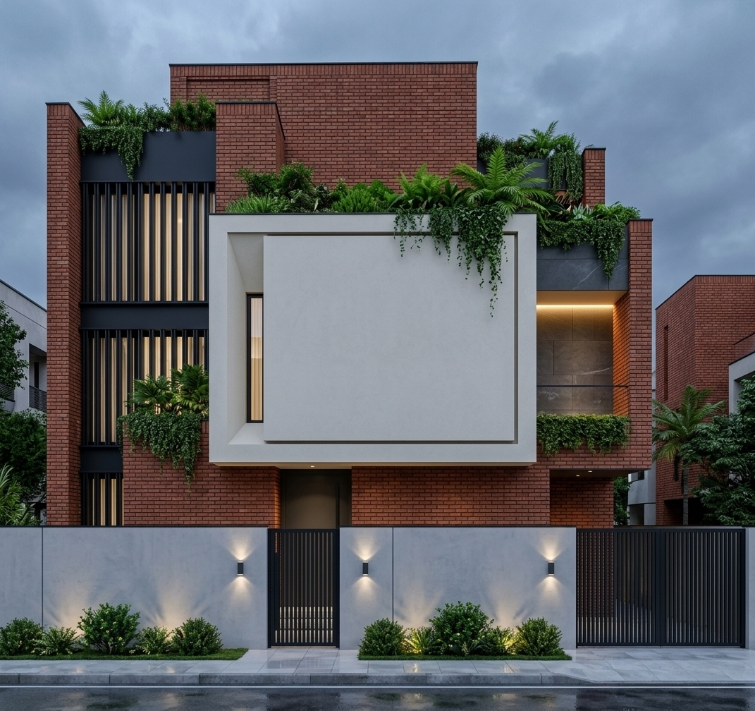 An incredibly lifelike, richly detailed, photorealistic front-elevation architectural shot of a contemporary luxury residence set in an upscale urban neighborhood. The scene is illuminated by soft, diffuse overcast twilight paired with warm, golden integrated architectural lighting, creating a sophisticated, serene, and inviting atmosphere. Captured with a high-end full-frame camera and a professional tilt-shift lens, emphasizing the tactile interplay of raw and refined textures, bold geometric massing, and precise material junctions.

The architecture presents an exquisite masterclass in rectilinear composition and contrasting materials:
- **Central Cantilever:** A prominent, minimalist off-white architectural stucco cube anchors the facade, framed by subtle shadow gaps and accented by a slender vertical slit window.
- **Warm Brickwork:** Rich, tactile reddish-rust clay bricks clad the towering upper volume and lower ground-floor facade, introducing an earthy, industrial-inspired warmth and rhythmic masonry texture.
- **Charcoal Cladding & Screened Openings:** To the right, a deep-set charcoal-gray stone-clad volume frames a recessed balcony, highlighted by seamless, warm under-cabinet LED strip lighting. On the left, tall vertical matte-black metal louvers filter light across multi-level recessed window bands.
- **Integrated Biophilic Design:** Lush, vibrant green vegetation, cascading ivy, and tropical ferns overflow naturally from rooftop planters and cantilevered ledges, introducing a soft, organic balance to the building’s crisp industrial geometry.
- **Perimeter & Streetscape:** At the street level, a smooth, light-gray concrete boundary wall is punctuated by modern vertical-slatted matte black security and driveway gates. Symmetrical, modern wall-mounted sconces cast upward and downward beams against the concrete, while subtle ground-level spotlights accentuate neat ornamental shrubs planted along the pristine, damp paved walkway.

The deep spatial layering, sharp straight verticals, soft reflections on the street pavement, and balanced mixture of cool exterior ambient tones with warm internal illuminations convey the unmistakable luxury of an expertly realized architectural visualization.