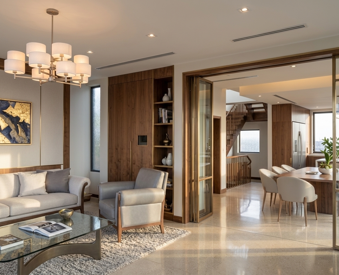 An incredibly lifelike, richly detailed, photorealistic wide-angle interior shot of a sunlit contemporary attic-level living and dining salon set in a luxury penthouse environment. The scene is illuminated by soft late-afternoon natural light pouring through expansive framed windows, creating a warm, airy, and sophisticated atmosphere enhanced by the gentle ambient glow of a multi-tiered sculptural chandelier. Captured with a high-resolution 35mm lens, emphasizing the reflective sheen of polished champagne terrazzo floors, the tactile weave of pearl and soft gray tailored linen upholstery, and the rich warmth of walnut wood paneling with slim bronze accents. In the reimagined seating area, a bespoke glass coffee table displays open photography books, anchored by a textured wool rug and balanced by bold abstract wall art, while sliding glass partition doors open effortlessly toward a light-filled dining space, epitomizing clean-lined elegance and understated luxury.
