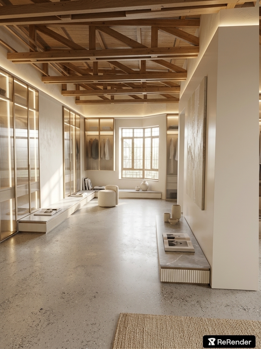 An incredibly lifelike, richly detailed, photorealistic eye-level interior shot of a bespoke walk-in closet set in a sunlit architectural sanctuary. The scene is illuminated by soft morning light streaming through the pristine bay window, harmonized with warm, concealed cove lighting and an understated sculptural pendant, creating a serene, sophisticated, and light-filled atmosphere. Captured with a 35mm architectural lens, emphasizing the refined textures of honed pearl-gray marble plinths, brushed champagne metal hardware, smooth warm-white lacquered cabinetry, and tactile ivory upholstery. The low perimeter benches are reimagined as tailored floating storage ledges topped with open photography books, minimalist ceramic vessels, and an elegant padded bouclé dressing seat. Floor-to-ceiling wardrobes featuring fluted glass doors and integrated linear illumination define the walls, while a large-scale textured abstract canvas in champagne and pearl tones anchors the space, completing an airy, balanced, and timelessly elegant dressing haven.