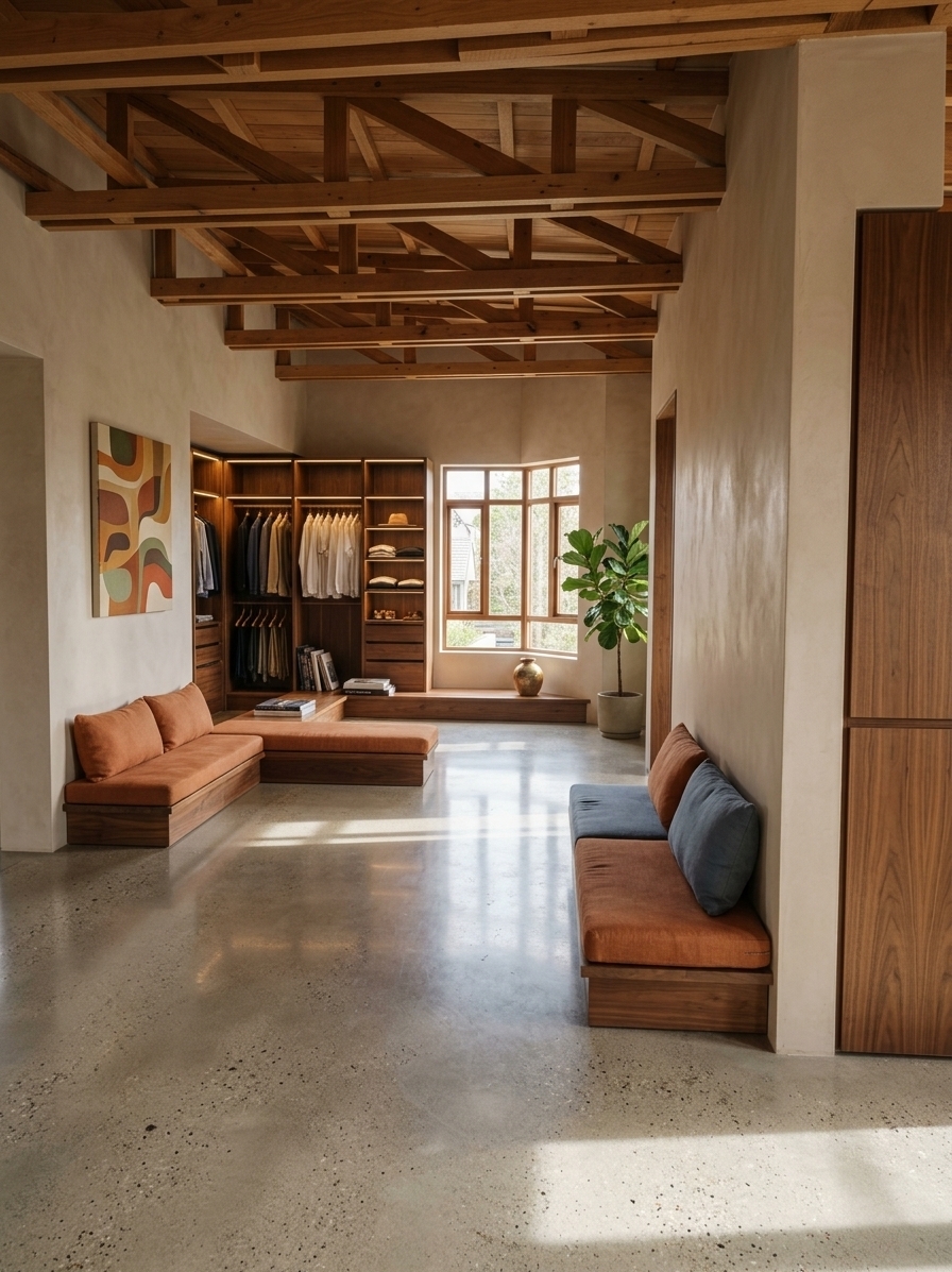 An incredibly lifelike, richly detailed, photorealistic wide-angle interior shot of a luxurious mid-century modern walk-in dressing suite set in an airy architectural residence. The scene is illuminated by soft, diffuse afternoon light streaming through the expansive bay window, casting gentle linear shadows across the floor and creating a calm, sophisticated atmosphere. Captured with a medium-format camera and a 24mm prime lens, emphasizing the rich grains of bespoke walnut cabinetry, smooth micro-cement plaster walls, and a glossy, seamless concrete floor. 

Transforming the open gallery into a functional yet uncluttered dressing sanctuary, the space features floor-to-ceiling modular teak and walnut open-wardrobe systems with integrated warm LED strip lighting and minimalist brass hanging rods. The low-profile platform benches are elevated with tailored cushions upholstered in organic linen in shades of burnt orange and muted slate blue, offering a comfortable, low-slung seating area beneath the exposed timber trusses. A curated stack of large-format photography books and a sculptural ceramic vase rest neatly on a sleek console, while a vibrant abstract canvas in retro earth tones accents the plaster wall. Near the bay window, a lush, potted fiddle-leaf fig breathes organic vitality into the room, perfectly marrying timeless retro elegance with streamlined modern utility.