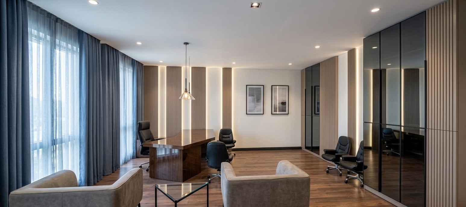 An incredibly lifelike, richly detailed, photorealistic wide-angle interior photograph of an upscale modern executive office. The scene is illuminated by soft natural daylight filtering through sheer drapes paired with warm recessed ceiling spotlights and gentle linear LED backlighting behind decorative vertical wall panels, creating a sophisticated, prestigious, and serene atmosphere. Captured with a professional 24mm architectural tilt-shift lens, emphasizing tactile material finishes, subtle reflections, and clean geometric lines. Rich brown hardwood flooring runs throughout the room, leading the eye toward the distinctive, high-gloss dark brown executive desk paired with sleek black leather task chairs. In the foreground, a pair of plush grey-beige lounge armchairs flank a minimalist clear-glass coffee table. The right wall is outfitted with luxurious ceiling-height storage cabinets featuring tinted graphite-mirrored doors, juxtaposed against light-coffee fluted wall paneling, crisp off-white walls adorned with contemporary framed artwork, and elegant slate-blue drapery framing the expansive window wall.