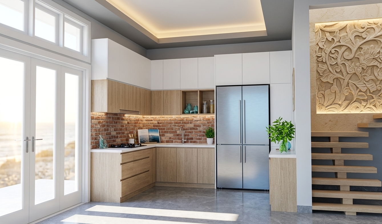 An incredibly lifelike, richly detailed, photorealistic wide-angle interior photograph of a modern coastal kitchen set within an airy, sun-drenched contemporary home. The scene is illuminated by brilliant morning daylight streaming through tall, white-framed French patio doors and upper transom windows, balanced by soft, warm architectural cove lighting from the recessed ceiling tray, creating a serene, fresh, and sun-kissed atmosphere. Captured with a professional full-frame camera and a 24mm architectural tilt-shift lens, emphasizing the fine natural grain of light oak cabinetry, smooth matte-white upper millwork, tactile exposed brick, and the reflective sheen of polished stainless steel.

The L-shaped kitchen layout features a balanced palette of sandy neutrals, crisp white, and subtle ocean-inspired accents. The lower cabinetry is finished in a warm, textured bleached oak with streamlined integrated finger pulls, topped with seamless white quartz countertops that gently catch the outdoor light. Along the perimeter, an exposed red-and-buff textured brick backsplash introduces rich, tactile depth, contrasting elegantly with a sleek black gas cooktop and a minimalist chrome undermount sink faucet. Above, a dual tier of storage provides functional height, combining light wood secondary cabinets with pristine matte-white upper cupboards that extend seamlessly toward the high gray-accented ceiling.

At the center-right, a full-height brushed stainless steel double-door refrigerator stands flush with the custom cabinetry, subtly mirroring the cool blue sky tones framed by the black-mullioned clerestory windows. To the right, the kitchen transitions into a bright architectural threshold featuring floating open-tread stairs in clean white oak and an intricately carved, sand-hued stone relief accent wall that glows under soft downward accent lighting. 

The gray polished stone floor grounds the open space with subtle reflective depth, catching the sharp, geometric shadow patterns cast by the towering French doors on the left. The composition feels casually refined and uncluttered, enriched with coastal styling cues such as a curated hardcover seascape photography book resting near the counter pass-through, subtle sea-glass accents, and a fresh potted green plant that brings a vibrant touch of coastal nature into the home.