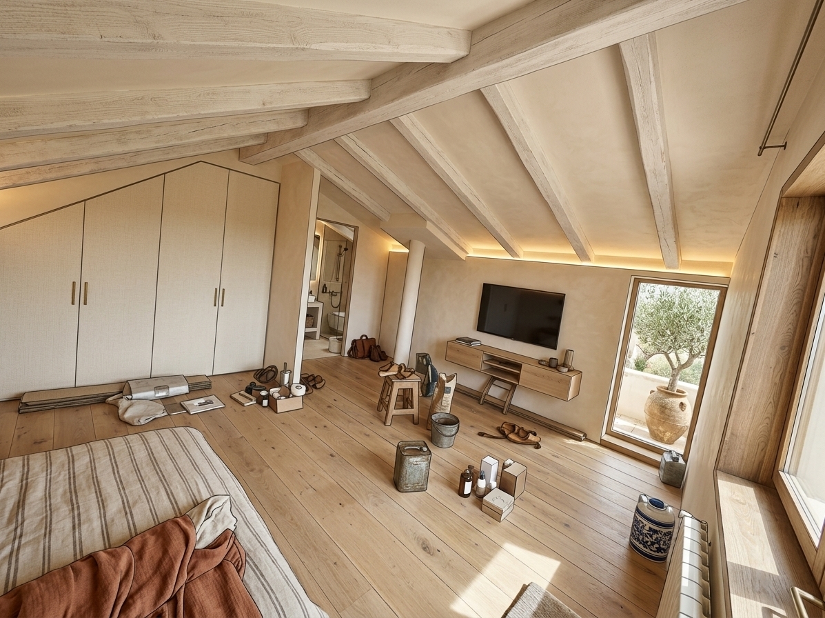An incredibly lifelike, richly detailed, photorealistic wide-angle interior photograph of a luxurious Mediterranean retreat master bedroom set in a sun-drenched converted attic. The scene is illuminated by soft afternoon daylight streaming through the finished window and warm, concealed cove lighting, creating an exceptionally serene and welcoming atmosphere. Captured with a 24mm architectural lens at f/8, emphasizing tactile limewash walls, weathered light oak flooring, and the organic textures of woven fabrics. Spanning the entire left sloped wall is a bespoke, floor-to-ceiling built-in wardrobe featuring textured cream paneling with understated brass hardware that follows the room's unique contours. Rustic, whitewashed timber beams run along the angled ceiling, seamlessly concealing structural seams while imbuing the space with timeless coastal elegance. In the center sits a low-profile king-size bed draped in layered oatmeal linen and earthy terracotta throws, facing directly toward the smooth accent wall where a sleek, slimline smart television is tastefully mounted above a floating light-wood console. A potted Mediterranean olive tree in an antique terracotta urn graces the bright window nook, perfectly harmonizing with the neutral palette of sand, warm plaster, and natural wood for an exquisitely cohesive, tranquil sanctuary.