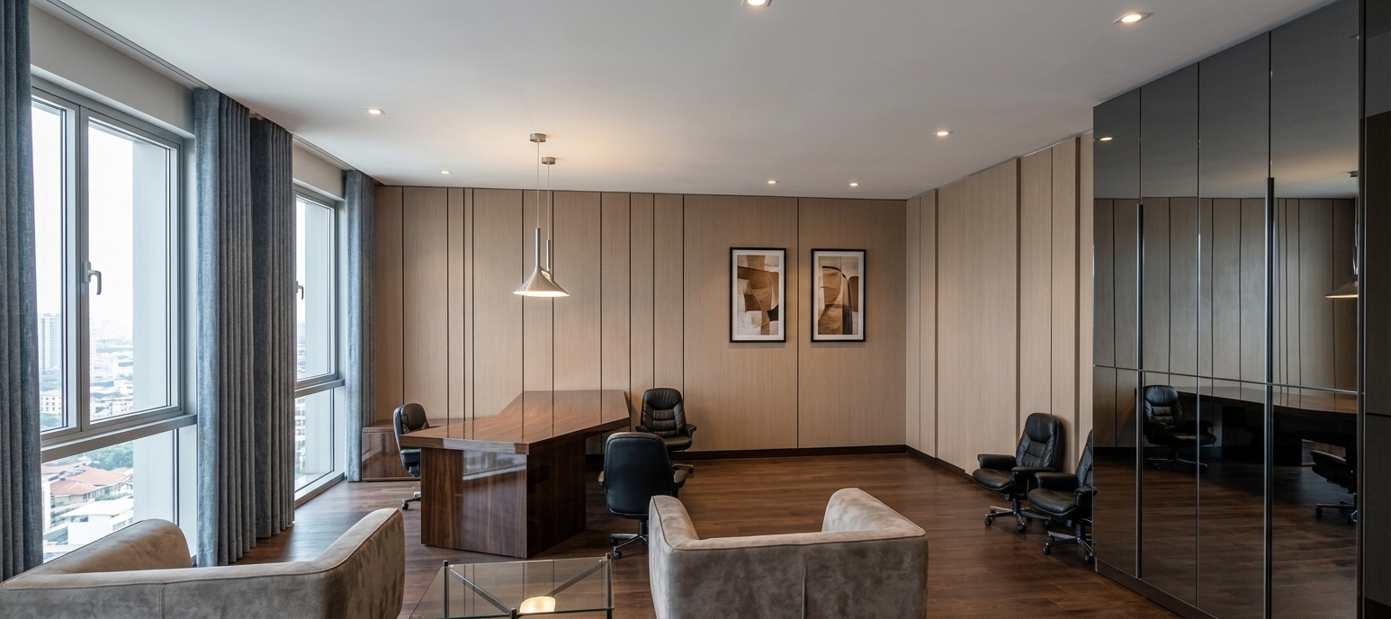 An incredibly lifelike, richly detailed, photorealistic wide-angle interior shot of a modern executive office set in a sophisticated corporate penthouse. The scene is illuminated by soft, diffused natural daylight filtering through expansive windows alongside warm recessed spotlights, creating an elegant, focused, and minimalist atmosphere. Captured with a 24mm architectural lens, emphasizing the rich interplay of polished surfaces, soft textures, and clean geometric lines. In the center, the distinctively angled executive desk boasts a high-gloss, dark-brown finish, paired with ergonomic black leather chairs and crowned by a sleek contemporary pendant light. The surrounding walls are lined with vertical light-coffee decorative panels, while the right side features floor-to-ceiling cabinetry finished with reflective graphite mirror doors and curated modern art posters. In the foreground, an inviting lounge area is defined by two plush grey-beige suede armchairs and a minimalist glass coffee table, all set against rich dark wood floors and a smooth white ceiling with integrated downlights, while textured grey-blue curtains frame the sweeping city windows on the left.