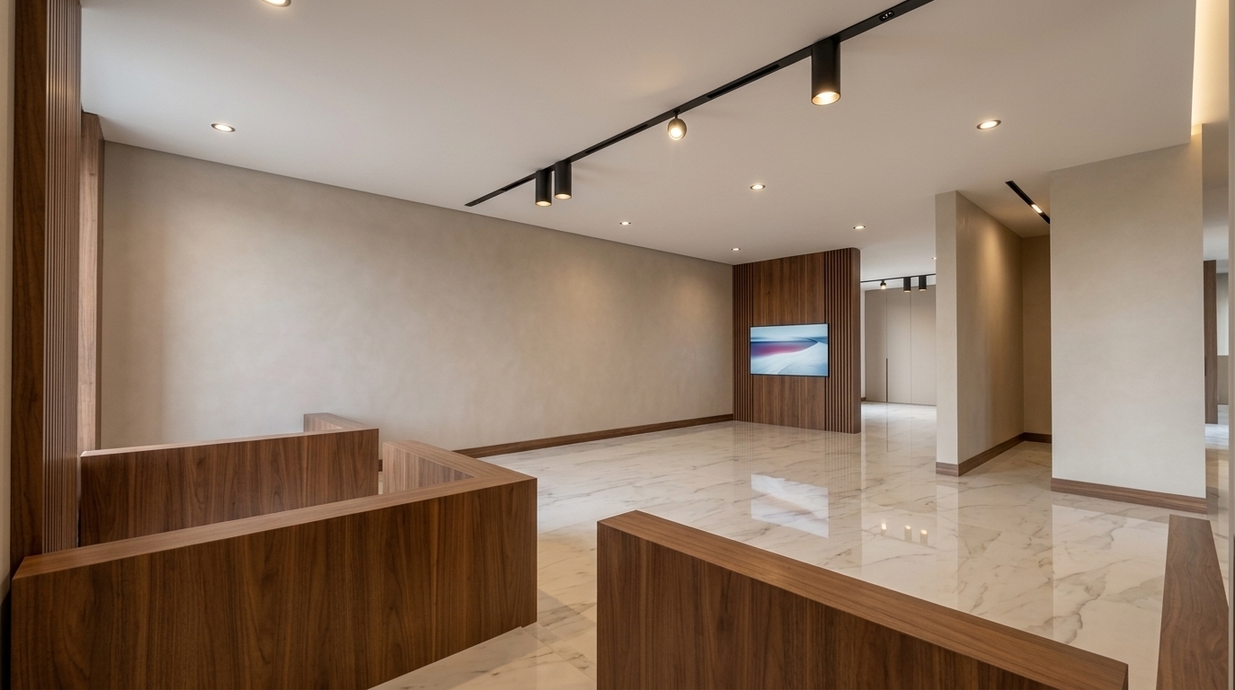 An incredibly lifelike, richly detailed, photorealistic wide-angle interior photograph of an open-concept dining and living space set in a luxurious modern fusion residence. The scene is illuminated by soft, natural ambient daylight filtering from the expansive openings balanced with warm, focused glow from recessed ceiling downlights and industrial black track spots, creating a sleek, tranquil, and upscale atmosphere. Captured with a professional full-frame camera and an ultra-wide architectural lens, emphasizing the mirror-like reflections on the polished Calacatta marble floors, the velvety matte texture of the neutral beige walls, and the rich warmth of the vertical wood-slatted feature wall. The spacious layout uses low-profile geometric half-walls in the foreground to guide the eye toward the media wall, embodying a refined harmony between clean architectural minimalism and organic textures.