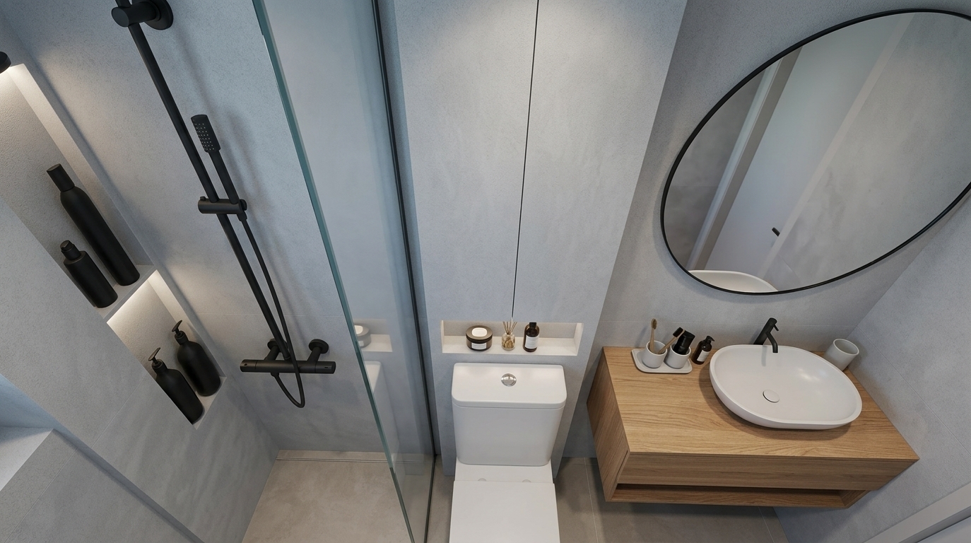 An incredibly lifelike, richly detailed, photorealistic high-angle interior shot of a modern digital-zen bathroom set in a tranquil, contemporary sanctuary. The scene is illuminated by integrated LED strip lighting glowing softly from shower wall niches alongside subtle ambient reflections, creating a sleek, futuristic, and serene atmosphere. Captured with a wide-angle architectural prime lens, emphasizing the fine texture of cool micro-cement walls, the warm linear grain of natural oak cabinetry, and the crisp contrast of matte black fixtures. A clear glass partition neatly divides the shower area from a floating wooden vanity topped with a sculptural vessel sink, perfectly complemented by a large circular mirror that enhances the room's streamlined, clutter-free elegance.