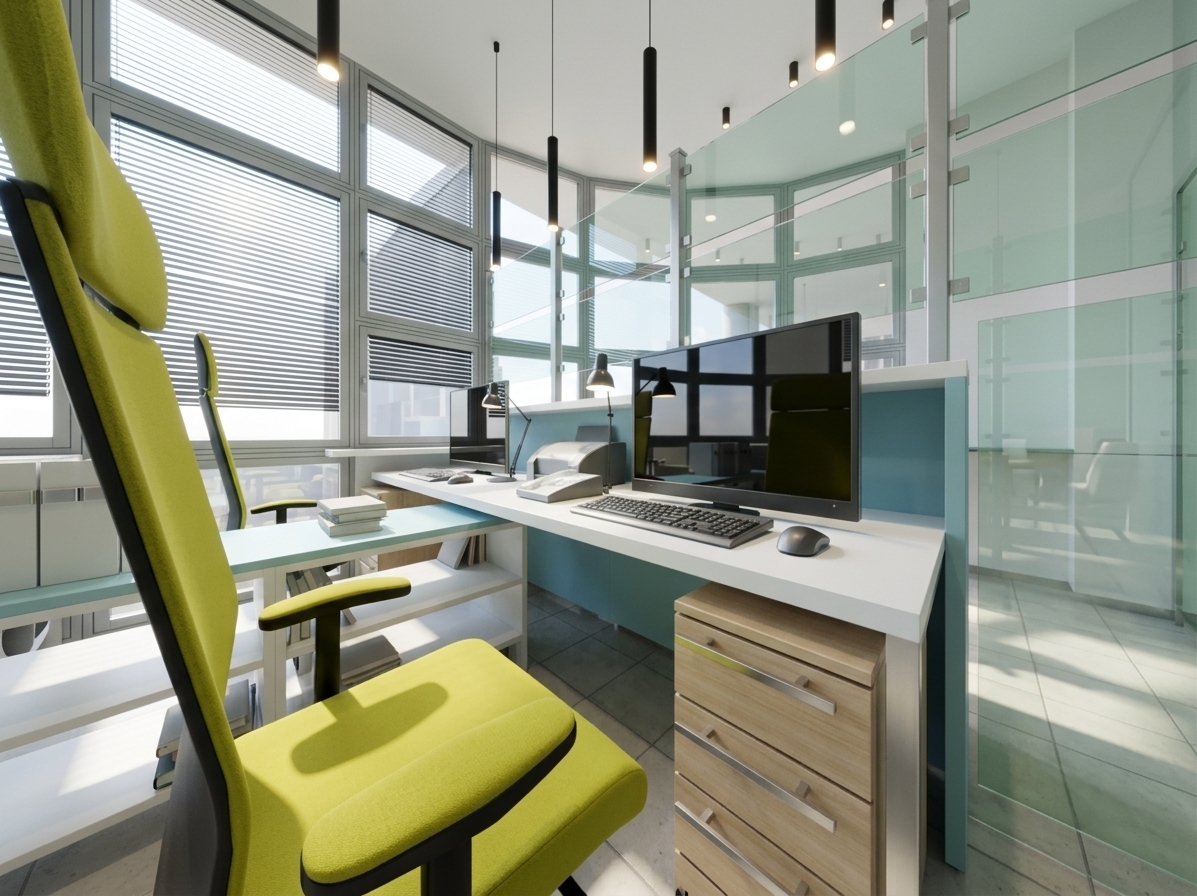 An incredibly lifelike, richly detailed, photorealistic wide-angle interior shot of a streamlined office workstation set in a modern minimalist corporate haven on a clear summer midday. The scene is illuminated by bright, diffused sunlight filtering through sleek louvered windows alongside downward glow from slender black pendant lights, creating a serene and functional atmosphere. Captured with a crisp wide-angle architectural lens, emphasizing the vivid chartreuse upholstery of the ergonomic task chair, the pristine matte white and soft cyan desktop surfaces, and the polished metal hardware of the integrated filing pedestals. Glass partition walls offer transparent views across the uncluttered, monochromatic interior, while clean, reflective monitor screens and subtle textures of polished concrete flooring reinforce a quiet, zen-inspired elegance perfectly suited for focused productivity.