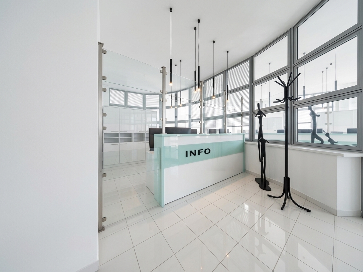An incredibly lifelike, richly detailed, photorealistic wide-angle interior shot of a modern office reception area set in a sleek commercial minimalist haven. The scene is illuminated by crisp, diffused spring midday sunlight streaming through floor-to-ceiling glass partitions, creating a serene, uncluttered, and professional atmosphere. Captured with a 24mm tilt-shift lens, emphasizing the ultra-polished, mirror-like floor tiles, clean glass paneling with brushed metal hardware, and the crisp contrasts of the streamlined "INFO" reception desk. Accented by delicate pastel teal and mint glass paneling, elegant black sculptural fixtures, and slender minimalist pendant lights descending from the bright white ceiling, this clutter-free workspace perfectly balances modern elegance, functional beauty, and tranquil Zen-inspired sophistication.