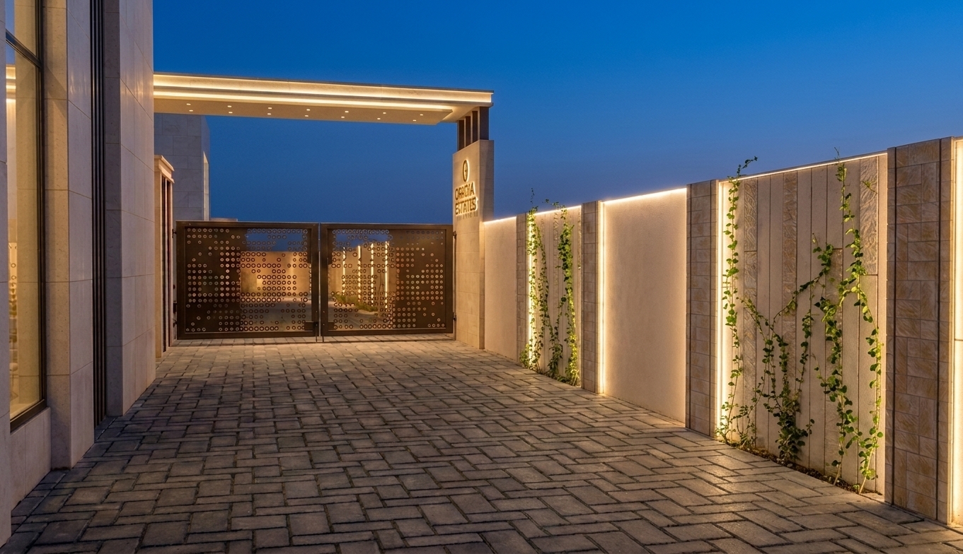 A crisp architectural dusk photograph of the modern estate entrance, retaining the exact geometry, composition, stone-paved driveway, and perforated metal gates. Warm linear LED strip lighting grazes the compound wall, casting soft ambient glows across the textured limestone and vertical stone slats. In the recessed panels of the boundary wall, sparse, delicate green climbing ivy creepers naturally weave upward along the vertical grooves. The twilight sky transitions from deep cerulean to warm indigo, balancing the artificial architectural illumination with authentic surface textures, micro-imperfections on the paver blocks, natural shadow falloff, subtle lens bloom around the lights, and faint photographic grain.