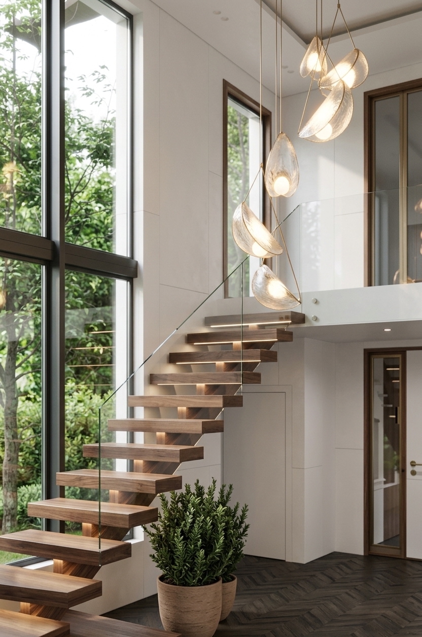 An incredibly lifelike, richly detailed, photorealistic eye-level interior photo of a double-height architectural entryway set in a serene minimalist haven. The scene is illuminated by soft daylight pouring through floor-to-ceiling windows and the warm, ethereal glow of a grand sculptural ceiling chandelier, creating a calm, sophisticated, and luminous atmosphere. Captured with a professional 24mm tilt-shift architectural lens, emphasizing smooth matte white plaster walls, rich walnut wood grains, and crystalline glass reflections. 

The double-height space showcases a striking floating staircase with integrated under-tread illumination and a frameless glass balustrade ascending to a sleek mezzanine. The pristine white plaster walls provide a clean, modern backdrop that accentuates the vibrant green tones of the lush outdoor garden visible through the towering glass facade. Above, a grand constellation of delicate, glowing petal-like pendant lights cascades down the vertical void, casting ambient light across dark herringbone parquet floors and a sculpted evergreen potted plant resting elegantly below the stairs.