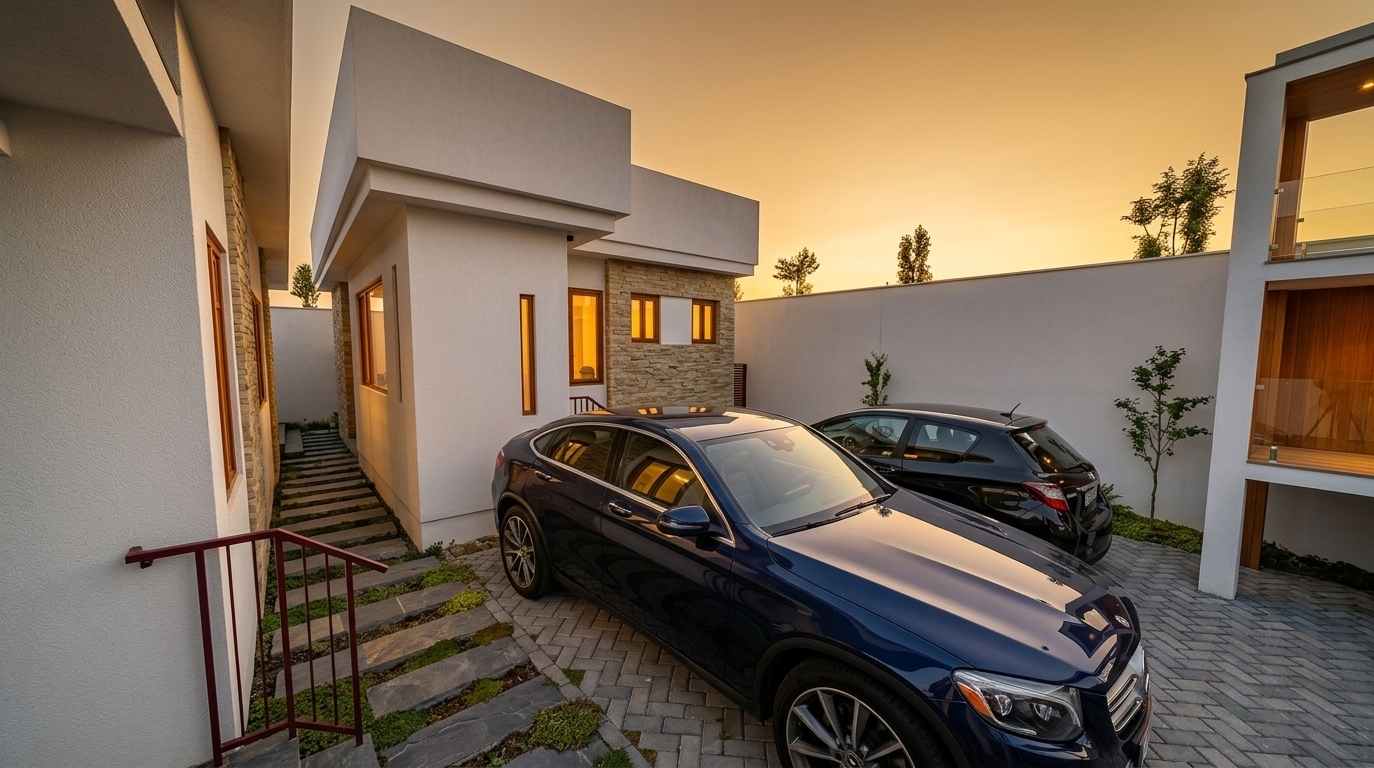 An incredibly lifelike, richly detailed, photorealistic wide-angle exterior shot of a modern residential courtyard and driveway set in a tranquil minimalist haven during a warm summer evening. The scene is illuminated by the soft, golden-hour radiance of a low sunset, creating a serene, peaceful, and elegant atmosphere. Captured with a full-frame camera and a 24mm architectural tilt-shift lens, emphasizing the tactile split-face stone cladding, pristine white exterior stucco, and high-gloss reflections across the sleek black and deep navy cars parked on the interlocking gray herringbone pavers. Clean, uncluttered lines define the streamlined geometric home, complemented by a rustic slate stepping-stone path lined with discreet ground-cover greenery, a slender crimson railing, and warm timber-framed windows that evoke a balanced, Zen-inspired sense of functional modern living.