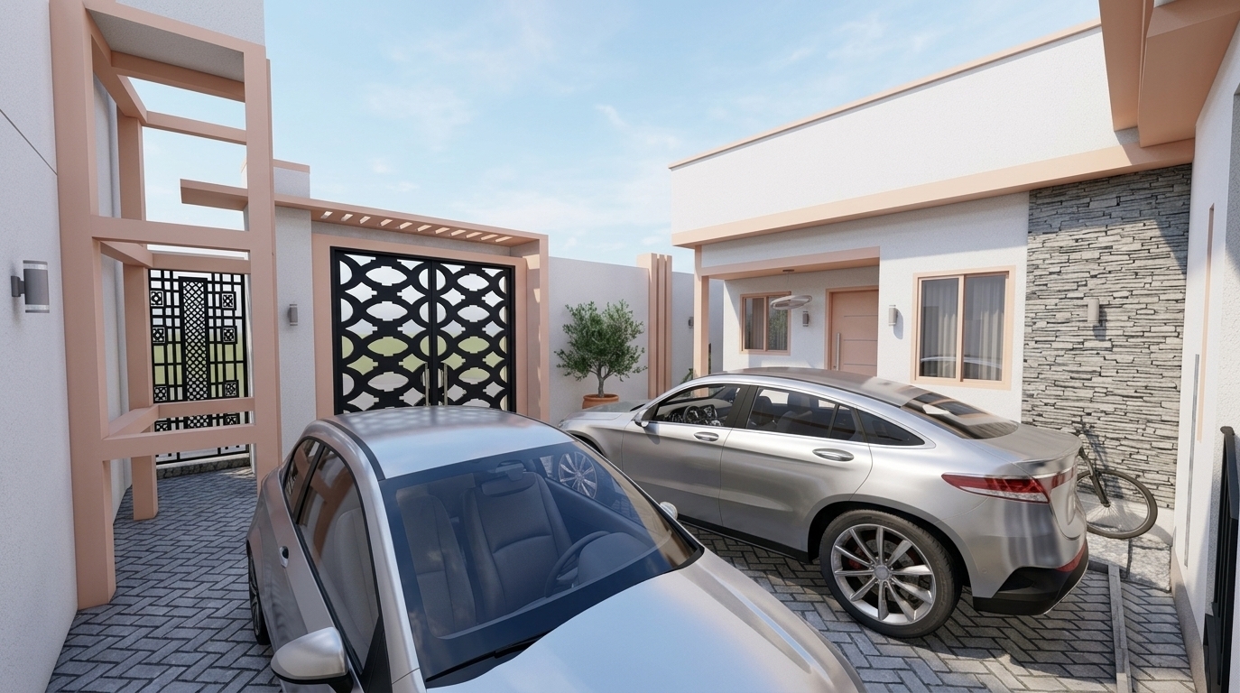 An incredibly lifelike, richly detailed, photorealistic wide-angle architectural exterior shot of a modern minimalist residential courtyard set in a serene summer setting. The scene is illuminated by clean daylight and soft, natural ambient sky reflections, creating an elegant, uncluttered, and tranquil atmosphere. Captured with a professional full-frame camera and a sharp 24mm tilt-shift lens, emphasizing the interlocking gray herringbone pavers, polished automotive clear coats, laser-cut geometric black iron gates, and textured stacked stone wall accents. Crisp white stucco facades defined by subtle pastel-peach trim harmoniously frame the parked vehicles, highlighting a streamlined, functional haven characterized by pure geometric lines, modern simplicity, and architectural sophistication.