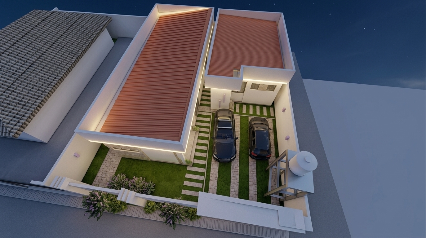 An incredibly lifelike, richly detailed, photorealistic high-angle aerial photograph of a contemporary minimalist haven set in a tranquil suburban landscape on a clear summer night. The scene is illuminated by soft moonlight combined with warm, integrated exterior landscape and architectural sconce lighting, creating an elegant, serene, and uncluttered atmosphere. Captured with an ultra-wide high-resolution drone camera, emphasizing crisp white stucco facades, stone-clad accents, terracotta-toned flat roofs, and textured stone pavers across the driveway. The streamlined, functional layout reveals two modern vehicles parked neatly within the private courtyard, framed by clean boundary walls, linear stepping stones nestled in lush green grass, a discreet elevated water tower, and subtle pastel accents, perfectly embodying a sophisticated, zen-inspired architectural design.