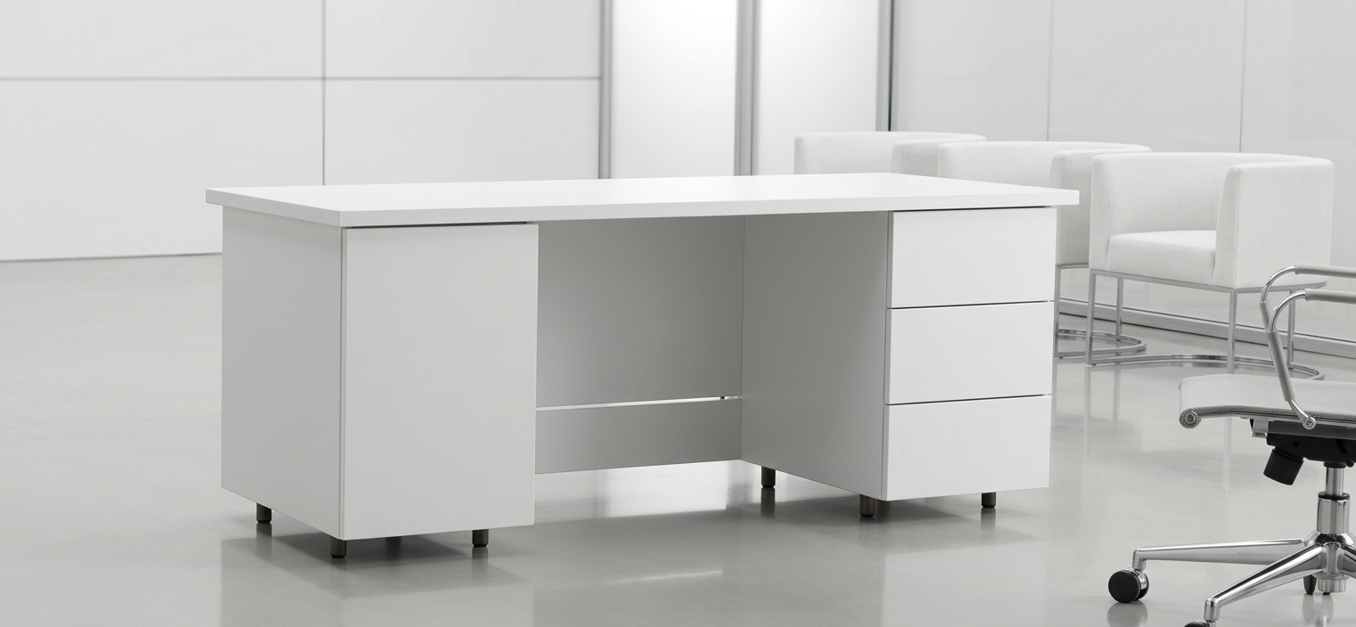 An incredibly lifelike, richly detailed, photorealistic eye-level interior shot of a modern executive workstation set in an ultra-minimalist office environment. The scene is illuminated by high-key, diffused ambient studio lighting and soft overhead glow, creating an exceptionally clean, serene, and sophisticated atmosphere. Captured with a 50mm architectural tilt-shift lens, emphasizing the crisp matte white finishes, delicate panel seams, and subtle specular reflections across the glossy polished floor. The centerpiece is a sleek, modern fusion executive desk featuring a solid rectangular top, an integrated left storage cabinet, a recessed center modesty panel, and a three-tier drawer unit on the right, all raised slightly on discrete dark-toned feet. In the softly blurred background, a row of contemporary white fabric lounge chairs rests on slender metal frames, while the polished chrome caster base and mesh back of a modern task chair frame the foreground, completing a pristine, high-end commercial workspace visualization.