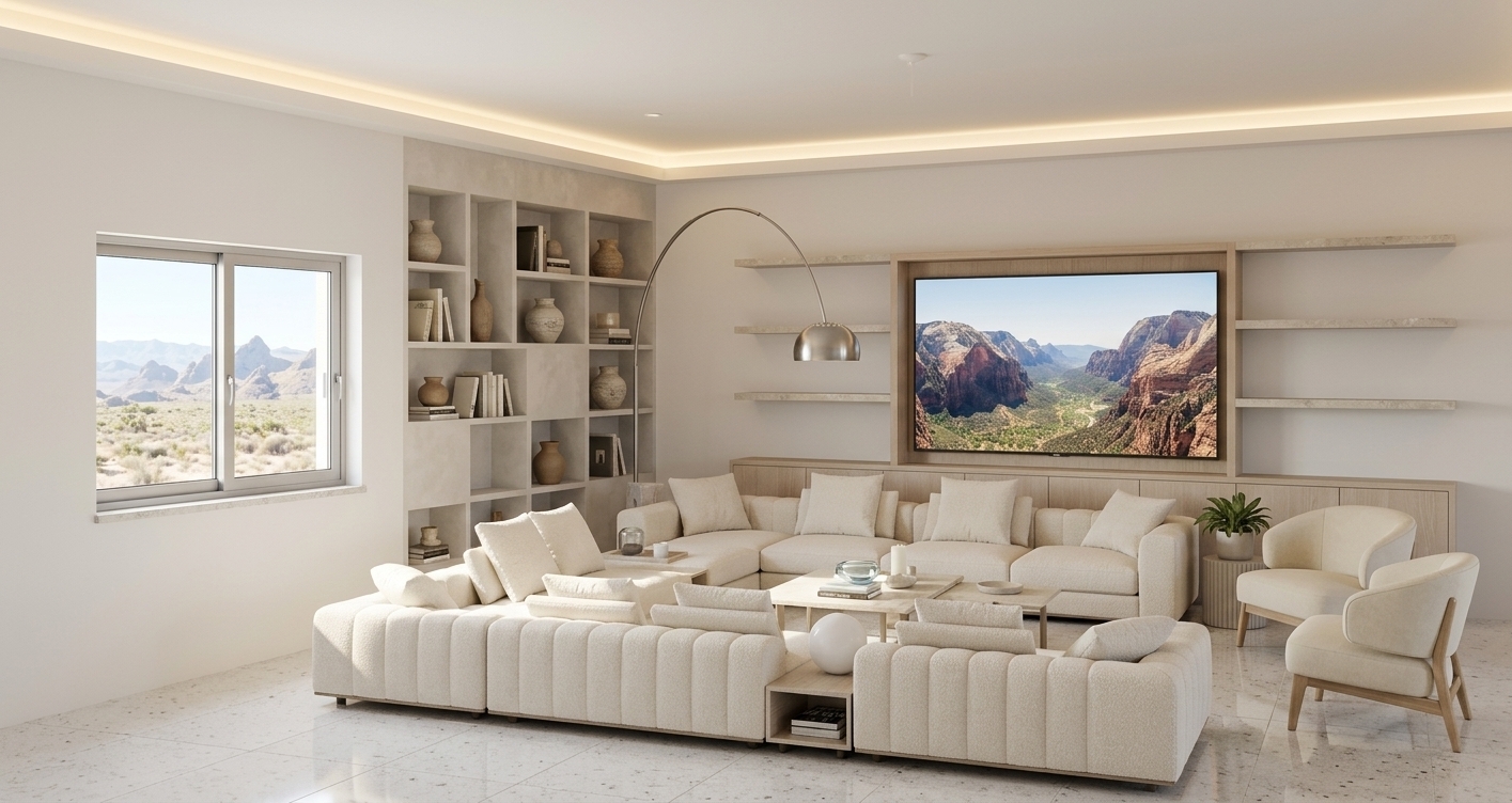 An incredibly lifelike, richly detailed, photorealistic wide-angle interior shot of a refreshed modern living room set in a serene, sunlit coastal villa. The scene is illuminated by gentle morning daylight streaming through the window and warm, hidden perimeter ceiling cove lighting, creating a tranquil, airy, and inviting atmosphere. Captured with a 35mm architectural lens, emphasizing the gleaming polished stone surfaces, tactile upholstery, and crisp architectural lines. The room is grounded by luxurious white granite flooring with subtle, organic irregular specks that cast soft reflections. The former dark shelving is replaced by a clean, plaster-finished wall, while the television is now framed by a sleek, custom minimalist media console in light ash wood and floating limestone shelving. Taking center stage is an elegant, organic-curved sectional sofa wrapped in breathable ivory linen bouclé, effortlessly complementing the coastal breeze aesthetic and open layout of the space.