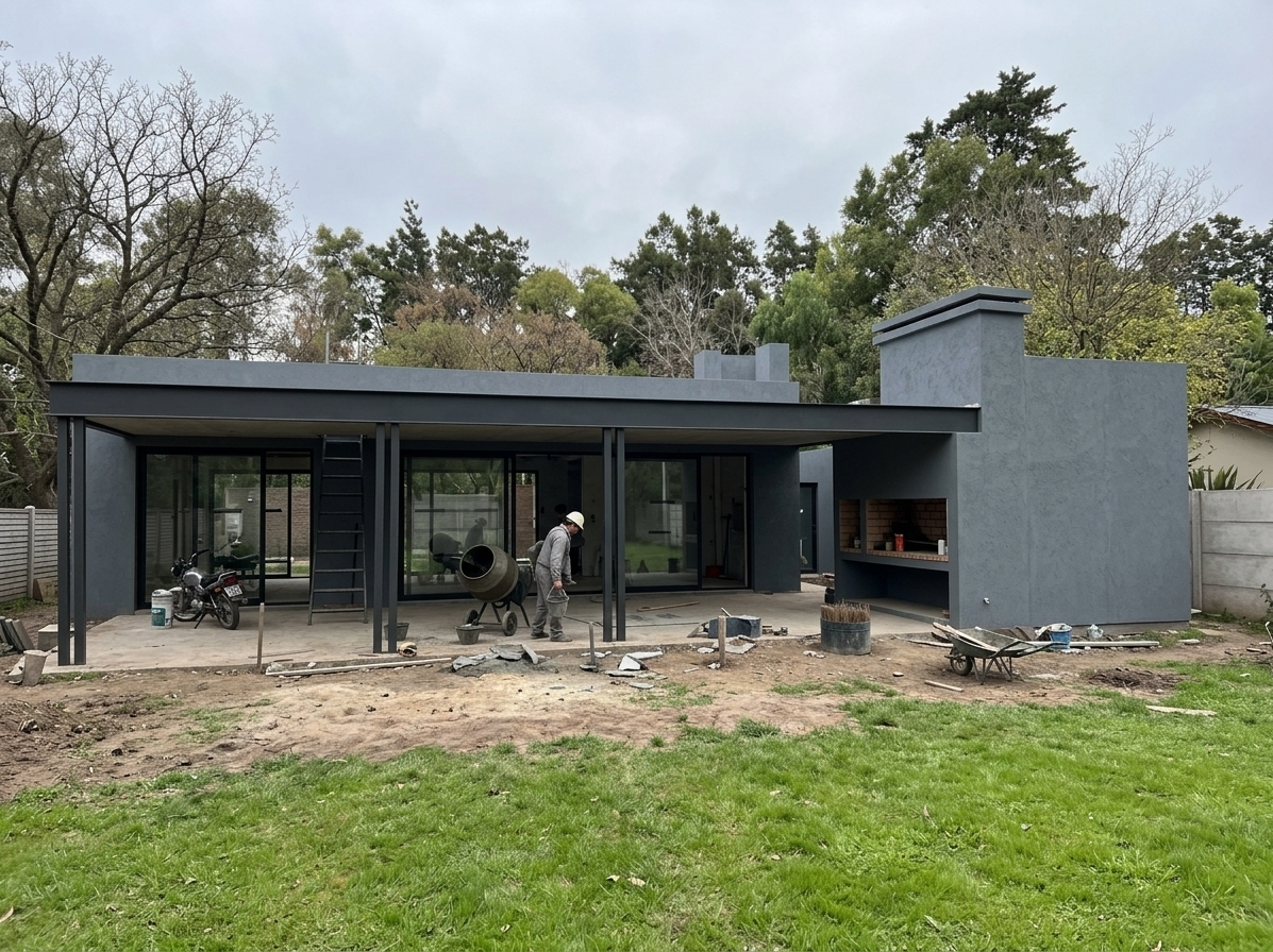 An incredibly lifelike, richly detailed, photorealistic wide-angle exterior shot of a modern single-story industrial-loft residence and outdoor entertaining pavilion set in a lush, tree-lined suburban landscape. The scene is illuminated by soft, diffused natural daylight under an overcast sky, creating a calm, rugged, and sophisticated atmosphere. Captured with a high-end full-frame camera and a 24mm tilt-shift lens, emphasizing the interplay of matte charcoal steel beams, expansive floor-to-ceiling glass paneling, raw concrete finishes, and the vibrant texture of the foreground lawn. The architectural composition features a strong horizontal profile defined by dark structural steel posts supporting an expansive covered veranda, revealing an open-concept interior with concrete flooring and exposed urban elements. To the right, a striking geometric volume in deep slate-gray houses an integrated brick fireplace and barbecue niche, harmoniously anchoring the warehouse-inspired structure against a natural backdrop of mature trees.