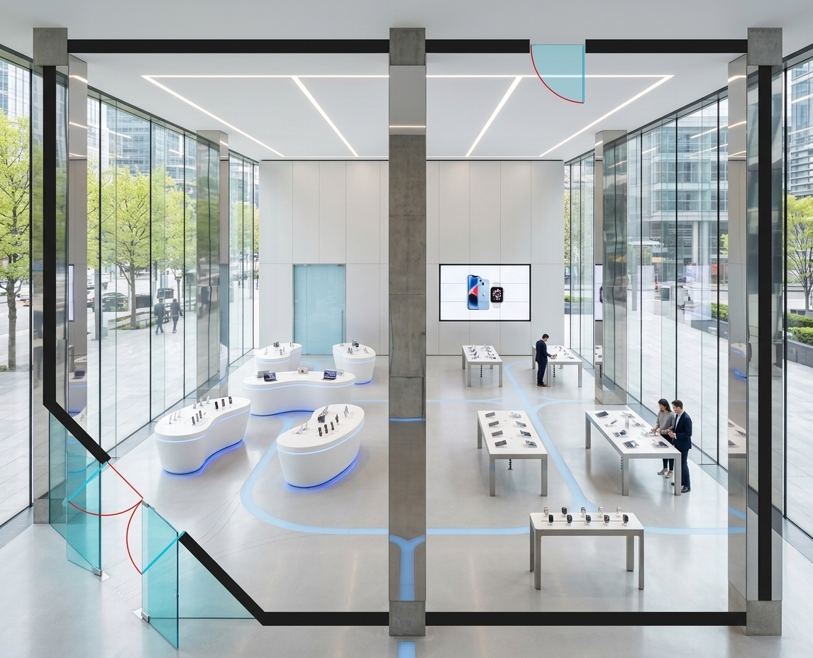 An incredibly lifelike, richly detailed, photorealistic top-down architectural view of an ultramodern iPhone pop-up experiential concept store set in a vibrant urban center during a crisp spring midday. The scene is illuminated by abundant natural daylight pouring through expansive floor-to-ceiling panoramic glass walls and accented by soft, ambient recessed LED strips, creating a clean, airy, and high-tech atmosphere. Captured with a high-resolution medium format camera equipped with a crisp wide-angle architectural lens, emphasizing seamless curved white display islands, mirrored support columns, and polished light-gray epoxy flooring with soft sky-blue navigational paths. Inside the spacious layout, organic curvilinear counters and interactive discovery zones invite hands-on exploration, highlighted by electric blue accent lighting, crystal-clear glass partitions, and sleek metallic finishes that transform the retail space into a fluid, futuristic techno wonderland.