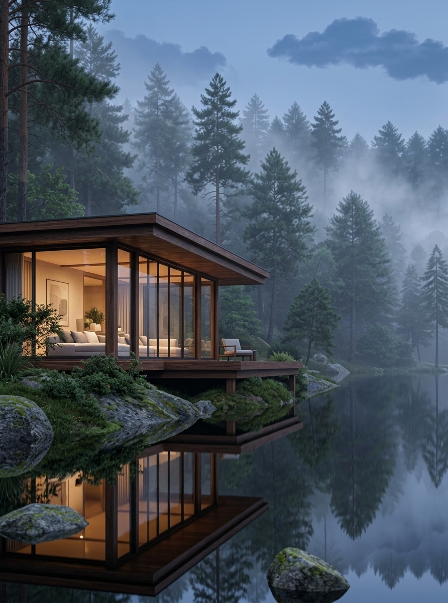 An incredibly lifelike, richly detailed, photorealistic eye-level exterior shot of a modern minimalist pavilion retreat set in a serene, mist-shrouded pine forest perched along a pristine mountain lake during a gentle spring dusk. The scene is illuminated by soft, diffused twilight light filtering through ethereal fog, beautifully contrasted by warm interior amber glow, creating a profoundly peaceful and Zen-like atmosphere. Captured with a high-end tilt-shift lens on a full-frame camera, emphasizing the rich grain of the cantilevered timber deck, the seamless floor-to-ceiling glass curtain walls, and the crystalline mirror reflections across the calm water. Inside the streamlined, clutter-free living space, elegant low-profile furnishings in shades of soft white and gray, minimalist decor, subtle abstract wall art, and curated indoor greenery harmonize effortlessly with the surrounding untouched nature.