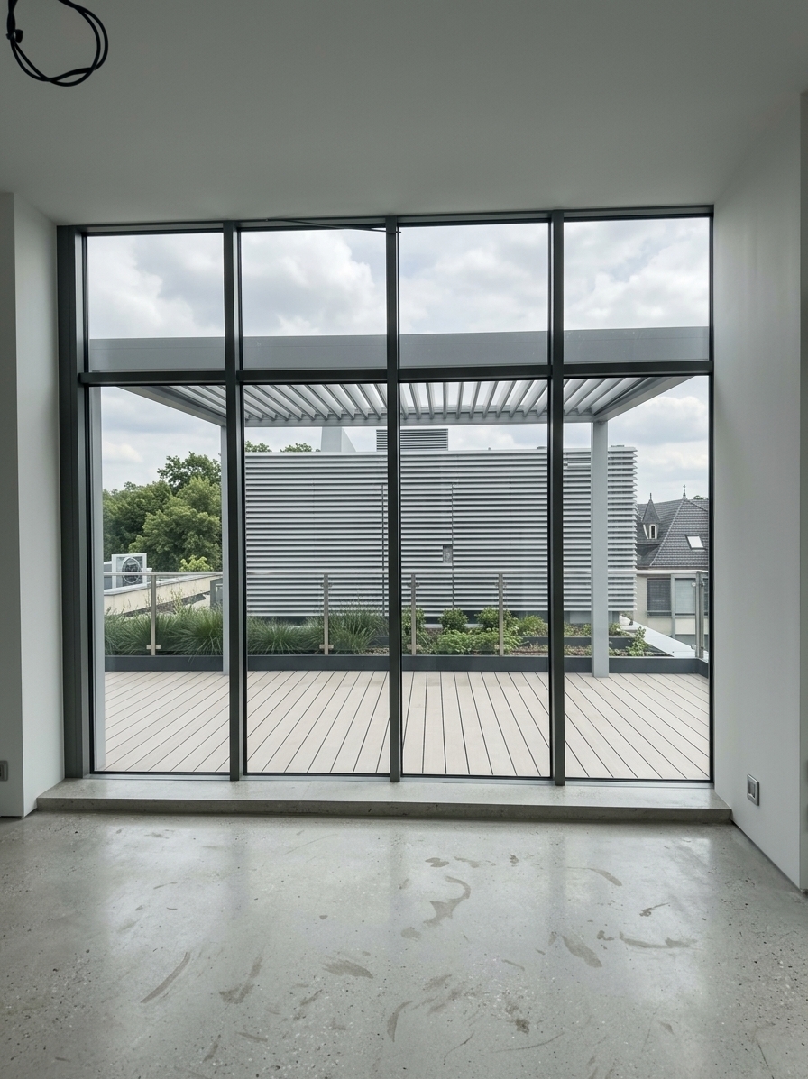An incredibly lifelike, richly detailed, photorealistic interior eye-level shot of a modern minimalist room looking out onto an elevated terrace set in a luxurious urban penthouse environment. The scene is illuminated by soft, diffused natural daylight filtering through the clouds, creating a serene, calm, and sophisticated atmosphere. Captured with a high-end architectural 35mm lens, emphasizing the matte aluminum finishes, crisp architectural lines, and the natural grain of the existing deck.

Directly outside through the grand floor-to-ceiling window facade, a sleek, contemporary bioclimatic pergola in light grey powder-coated aluminum spans the full width of the terrace. Its height is precisely aligned with the horizontal transom profile of the window grid, establishing a harmonious, proportional dialogue between interior and exterior spaces. The pergola features an adjustable louvered roof and matching rear privacy louver panels that seamlessly conceal the distant mechanical rooftop equipment, transforming the vista into a private, elegant outdoor sanctuary. Subtle architectural planters and lush green accents dot the terrace, perfectly complementing the untouched original pale composite decking to achieve an effortless blend of modern luxury and functional privacy.