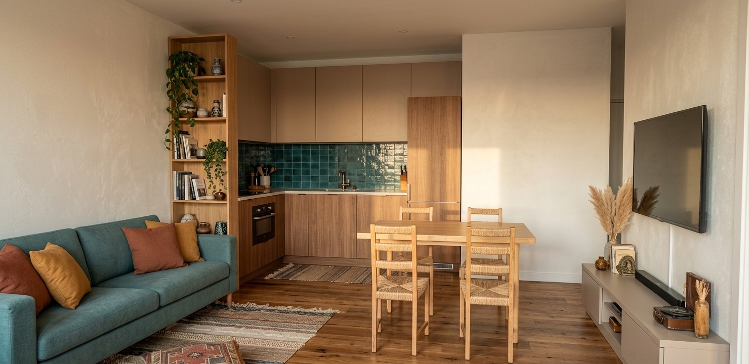 An incredibly lifelike, richly detailed, photorealistic wide-angle shot of an eclectic, bohemian open-concept living and kitchen area set in a cozy modern apartment. The scene is illuminated by warm, golden natural light filtering across the room, creating an inviting, free-spirited, and relaxed atmosphere. Captured with a high-end full-frame camera and a 24mm wide-angle lens at f/4, emphasizing the tactile textures of layered woven rugs, smooth natural oak surfaces, and lush greenery. 

In the foreground, a comfortable teal sofa is styled with warm rust and mustard textile cushions, sitting atop layered bohemian rugs over rich hardwood floors. A tall wooden shelving unit stands gracefully beside the kitchen, filled with curated photography books, handcrafted ceramic artifacts, and cascading potted plants. The dining zone features a light wood table paired with woven chairs, perfectly transitioning into the contemporary kitchen highlighted by glossy deep-teal zellige backsplash tiles. To the right, a low-profile media console displays dried pampas grass and vintage decor beneath the sleek wall-mounted television, completing a warmly textured, globally-inspired oasis.