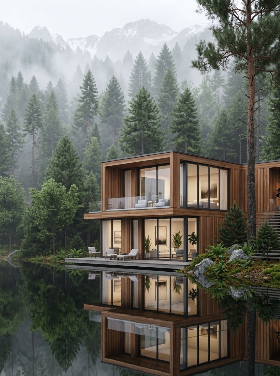 An incredibly lifelike, richly detailed, photorealistic architectural exterior shot of a minimalist luxury lakeside haven set in a dense, misty pine forest during a calm spring morning. The scene is illuminated by soft, diffused daylight filtering through low-hanging alpine mist, casting gentle reflections and creating a serene, Zen-inspired atmosphere. Captured with a high-end architectural tilt-shift lens, emphasizing the rich warm tones of vertical cedar siding, sleek dark-metal framing, and ultra-clear floor-to-ceiling glass. Through the expansive glazing, streamlined, clutter-free interiors are visible, appointed with elegant low-profile furniture in shades of white and gray, subtle abstract wall art, and curated indoor plants. The cantilevered wooden deck gently hovers over the tranquil water, seamlessly blending refined modern architecture with the raw, untouched beauty of nature.