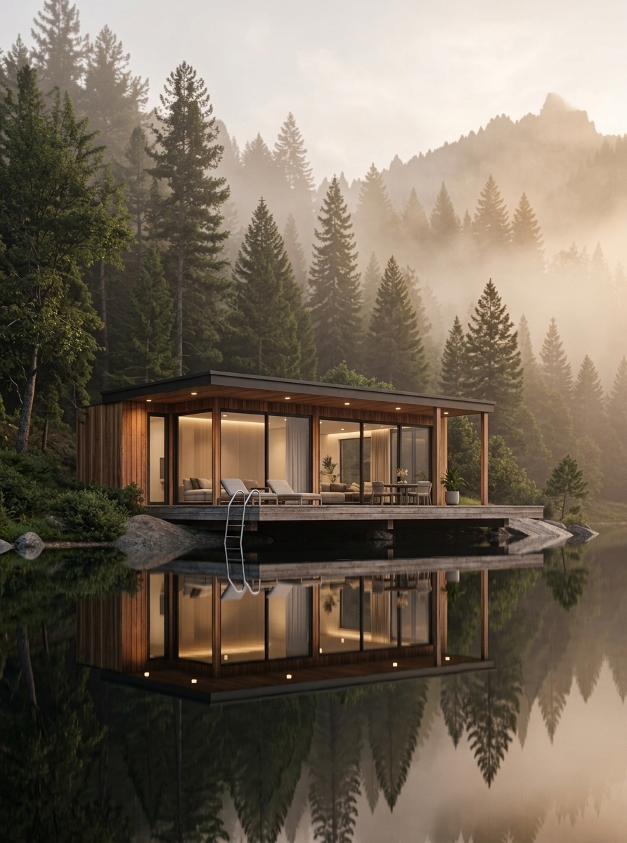 An incredibly lifelike, richly detailed, photorealistic eye-level architectural shot of a modern lakeside minimalist haven set in a tranquil, misty spring pine forest. The scene is illuminated by the soft, diffused ambient light of a serene sunset filtered through atmospheric mountain fog and complemented by warm, recessed interior lighting, creating a calm, Zen-inspired, and elegant atmosphere. Captured with a professional full-frame camera and a wide tilt-shift lens, emphasizing the rich textures of vertical natural timber cladding, sleek dark metal framing, expansive floor-to-ceiling glass, and the crisp, mirror-perfect reflections cast across the glass-like water. The uncluttered cantilevered wooden deck features streamlined loungers extending over the mist-kissed lake, while the open-concept interior reveals sophisticated, functional spaces adorned with monochromatic neutral tones, subtle pastel accents, sleek wooden and metal furniture, tasteful indoor plants, and uncluttered, elegant surfaces embodying pure minimalist tranquility.