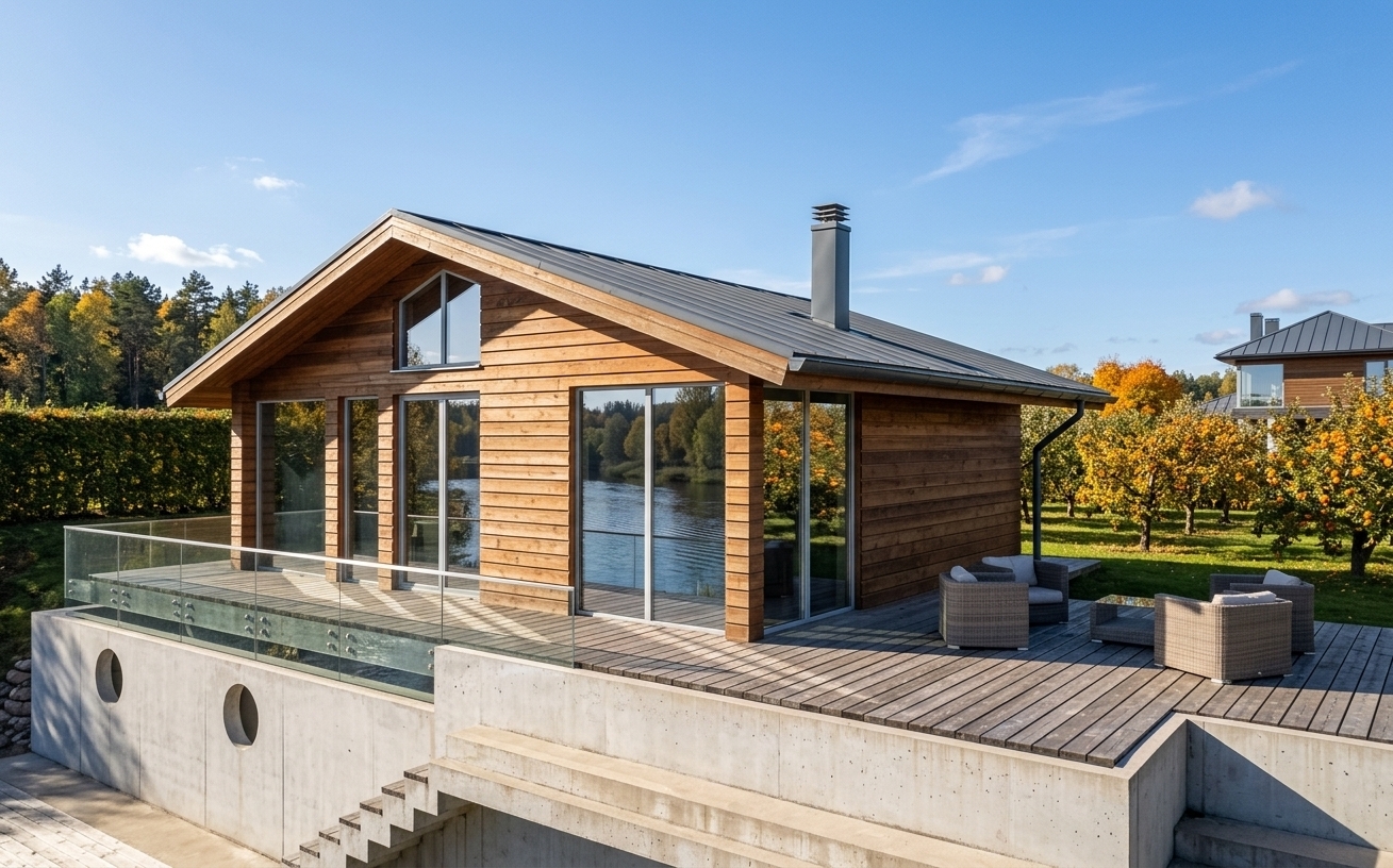 An incredibly lifelike, richly detailed, photorealistic wide-angle architectural photo of a contemporary timber-clad residence set in an idyllic autumn countryside. The scene is illuminated by clear, bright midday sunlight casting sharp, defined shadows, creating an elegant and tranquil atmosphere. Captured with a 35mm tilt-shift lens, emphasizing the rich textures of horizontal cedar planks, weathered timber decking, and smooth architectural concrete foundation walls. To the right of the house, a flourishing fruit orchard features trees dotted with ripe harvest and vibrant golden-orange foliage, while a dense, manicured living hedge lines the perimeter behind the home. The expansive multi-level deck is bounded by sleek, crystal-clear glass railings, showcasing contemporary outdoor lounge furniture. Large panoramic windows and sliding glass doors reflect the serene ripples of a nearby river and the rich, colorful canopy of the surrounding forest, seamlessly merging the home's contemporary elegance with its natural surroundings.