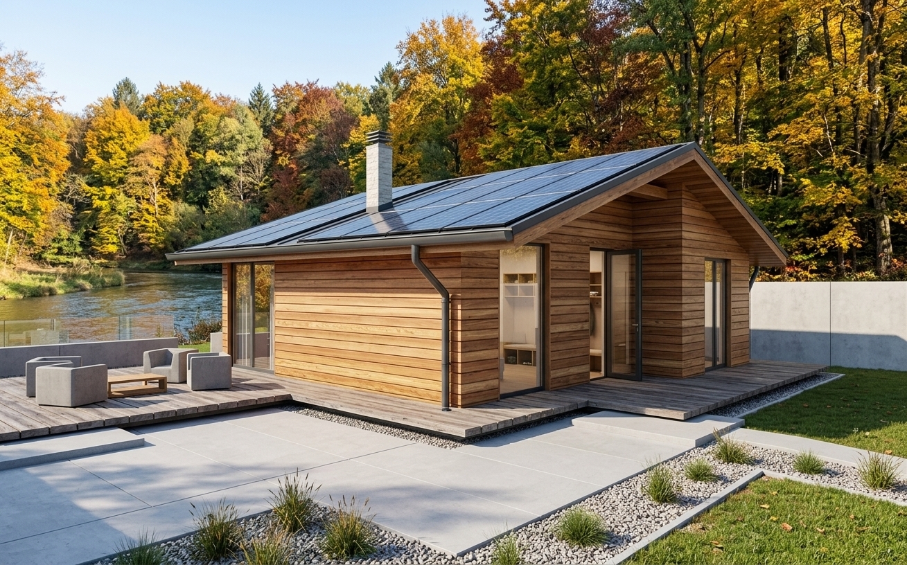 An incredibly lifelike, richly detailed, photorealistic exterior architectural shot of an elegant contemporary wooden cabin set in a serene autumnal riverside landscape. The scene is illuminated by bright, clear midday sunlight filtering through crisp fall air, creating an inviting and peaceful atmosphere with soft daylight highlights. Captured with a 35mm tilt-shift architectural lens, emphasizing the rich, warm grain of the horizontal timber cladding, sleek photovoltaic panels integrated across the gabled roof, and modern minimalist outdoor lounge furniture. In the background, a dense forest ablaze with vibrant gold, amber, and deep red foliage borders a tranquil, gently flowing river, while sleek frameless glass railings enclose the expansive floating wooden terrace. The large panoramic glass doors subtly mirror the surrounding lush garden, while the covered entryway reveals glimpses of a sophisticated, modern mudroom, seamlessly uniting rustic warmth with contemporary elegance.