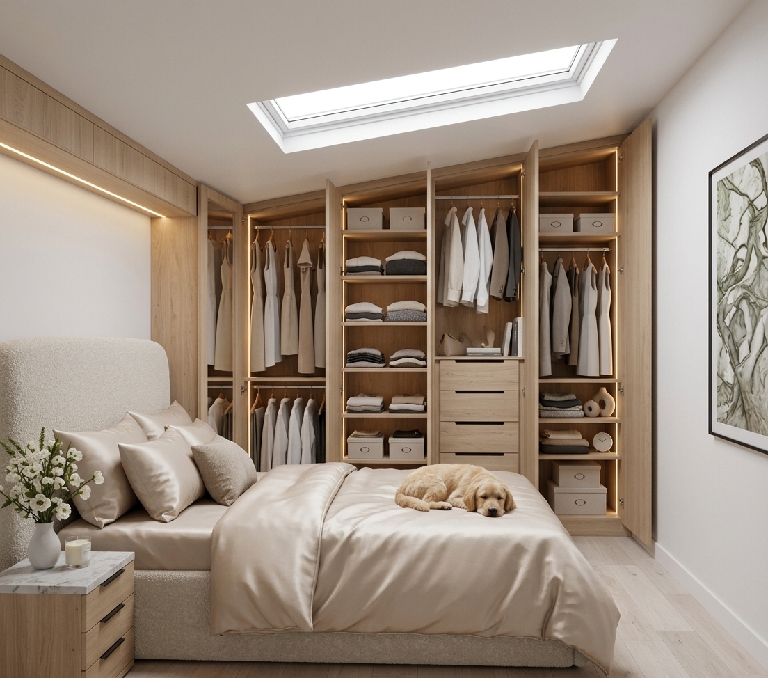 An incredibly lifelike, richly detailed, photorealistic wide interior shot of a serene Scandinavian bedroom sanctuary set in an airy, modern attic-style home. The scene is illuminated by soft natural daylight pouring through a sleek overhead skylight and warm, concealed LED strip lighting nestled inside the bespoke millwork, creating a tranquil, intimate, and hygge-inspired atmosphere. Captured with a professional 35mm architectural lens, emphasizing the delicate organic grain of the blonde oak cabinetry, the smooth luster of the champagne silk bedding, and the tactile texture of the upholstered bouclé bed frame. At the center, a sleepy golden pup rests peacefully on the duvet, while the custom wrap-around wardrobe expertly hugs the sloping ceiling with meticulously organized apparel, minimalist storage boxes, and sleek integrated drawers. A light marble-topped nightstand holding fresh white blossoms and framed nature-inspired wall art on the crisp white wall complete this impeccably styled, organic-modern retreat.