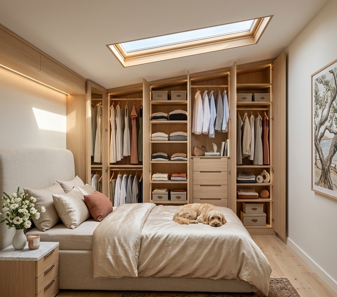 An incredibly lifelike, richly detailed, photorealistic wide-angle interior photograph of a serene Mediterranean retreat bedroom set in a light-filled coastal home. The scene is illuminated by radiant, sun-drenched daylight streaming through a dramatic overhead skylight, complemented by warm, integrated LED strip lighting nestled within the custom blonde-wood cabinetry, creating an earthy, relaxed, and deeply inviting atmosphere. Captured with a professional 24mm architectural tilt-shift lens, emphasizing tactile textures such as the lustrous sheen of champagne silk bedding, textured upholstery, and finely grained custom millwork. The bespoke floor-to-ceiling angled wardrobe showcases impeccably organized clothing and curated storage boxes, while a plush dog rests peacefully at the foot of the bed. A delicate marble-topped nightstand styled with fresh white florals and Mediterranean decor accents seamlessly harmonizes with the framed natural landscape art and light hardwood floors, evoking a timeless, warm, and sophisticated coastal aesthetic.