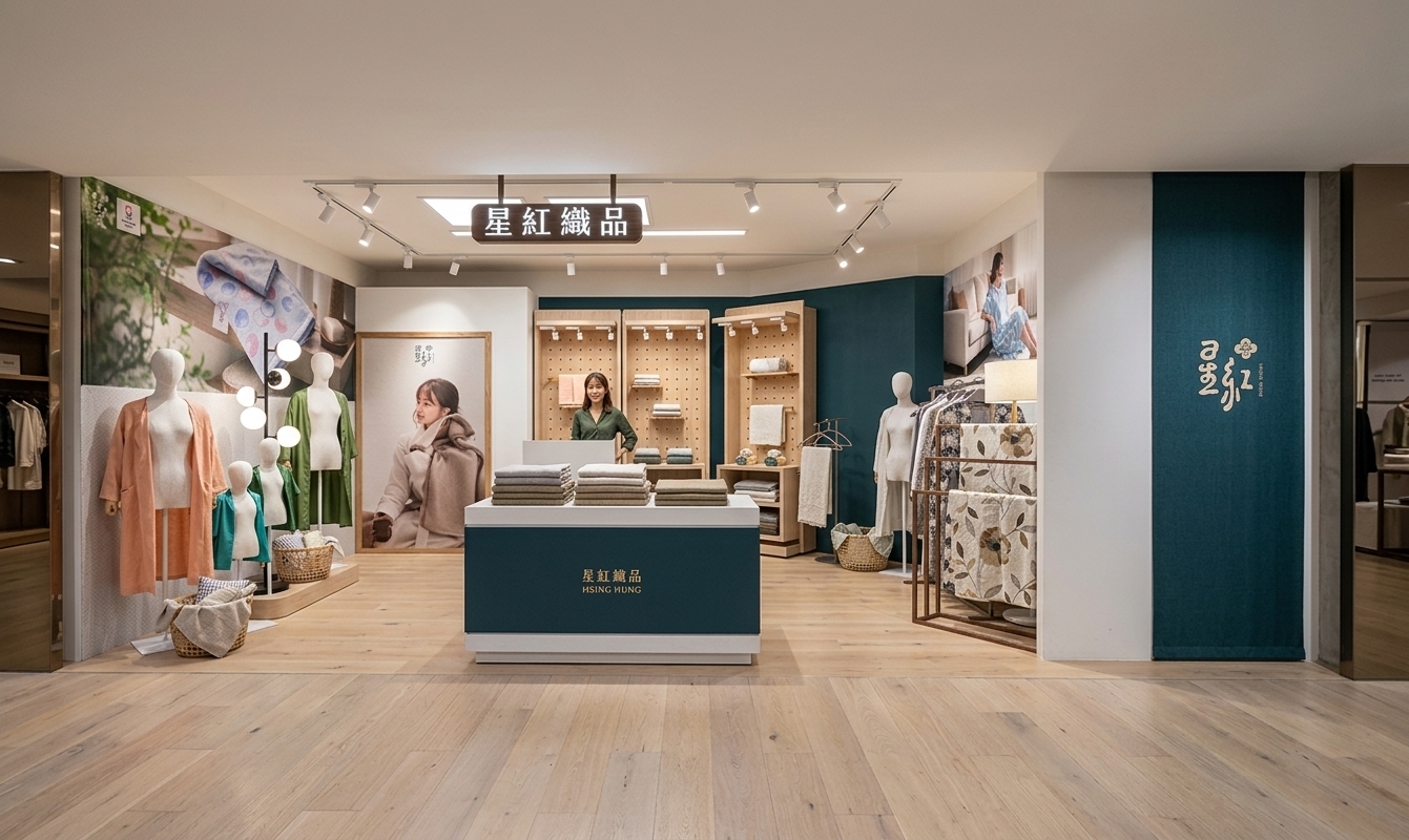 The photo presents a sophisticated and inviting interior of what appears to be a clothing store, meticulously designed as a minimalist haven for textiles and loungewear. The overall ambiance is serene, achieved through a clean color palette of deep teal-blue accent walls, crisp white display structures, and warm, light-toned wooden flooring and fixtures. Overhead, a sleek, white-lettered sign in a dark frame announces "星紅織品," suggesting the brand name, suspended from a light grey ceiling with integrated square recessed lighting. On the left, several headless mannequins, varying in size, elegantly display soft garments like a peachy-pink long coat and a light mint-green robe, standing beside woven wicker baskets filled with patterned throws and pillows. Further into the space, a large framed lifestyle image portrays a woman with a gentle expression, highlighting the comfort of a beige towel, while two light-wood pegboard display units with integrated track lighting showcase folded towels, small accessories, and wooden hangers. A central, deep teal counter features neatly stacked piles of grey and beige folded linens, with the brand name "星紅織品 HSING HUNG" subtly printed in white on its face. To the right, another section continues the theme with a metal clothing rack displaying patterned garments in hues of purple and beige, alongside a large lifestyle image overhead depicting a person relaxing on a sofa in comfortable loungewear, further reinforcing the store's focus on relaxation and comfort. The entire space exudes a sense of calm and tasteful elegance, with every element carefully placed to create an uncluttered, premium shopping experience that emphasizes the soft textures and quality of the textile products.