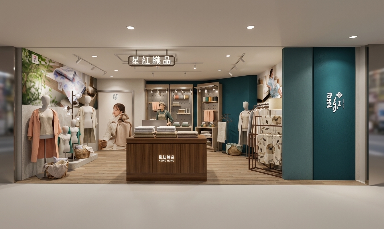 The photo captures a beautifully rendered interior of a clothing and textile store, exuding contemporary elegance through its sophisticated design and thoughtful presentation. The space is defined by a clean, light wood-toned floor that contrasts gently with the dominant deep teal and crisp white walls, creating a refined backdrop for the merchandise. Overhead, recessed lighting provides a bright, even illumination, complemented by focused track lighting on display shelves, highlighting key products. The central feature is a sleek, deep teal counter with a white base, boldly displaying the brand name "星紅織品 HSING HUNG," where stacks of folded towels or fabric in muted grey and khaki tones are neatly arranged. Behind this counter, a human figure in a flat, illustrative style appears to be attending to customers amidst light wood pegboard display units, which add texture and versatility. To the left, minimalist white mannequins showcase soft peach and mint green garments, surrounded by woven baskets filled with textiles, and a large framed lifestyle image featuring a woman in a robe, evoking a sense of comfort and quality. On the right, another set of mannequins and a modern metal rack display more patterned fabrics and clothing, alongside another lifestyle image of a woman relaxing, further enhancing the serene and inviting atmosphere. A prominent vertical deep teal panel on the far right features the brand's elegant white logo, completing the cohesive and upscale visual identity of the store.