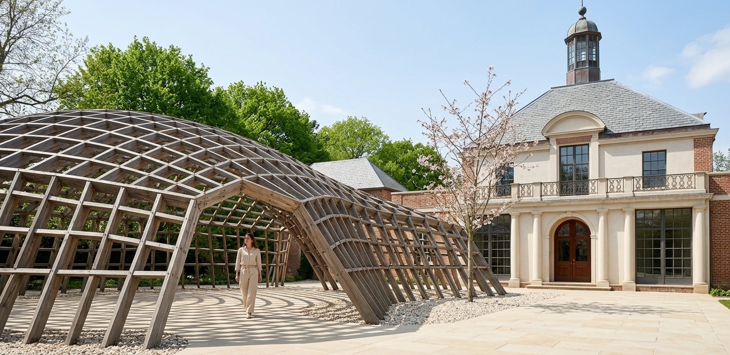 An incredibly lifelike, richly detailed, photorealistic wide-angle architectural photo of a serene minimalist garden pavilion set in a sun-drenched outdoor spring garden. The scene is illuminated by crisp, bright midday sunlight, creating a tranquil and rejuvenating atmosphere. Captured with a professional 35mm prime lens, emphasizing the fine plaster texture of the three towering, elegant white arches and the tactile interplay of smooth sandstone pavers against pale river gravel. A woman dressed in an effortless beige linen outfit strolls gracefully through the central archway, her presence lending warmth, scale, and peaceful contemplation to the geometric space. In the background, vibrant spring greenery and delicate blossoming branches softly frame the structure, while sharp, clean shadows pattern the ground, completing this harmonious, modern outdoor sanctuary.